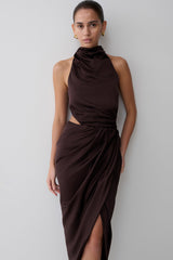 Aveline Draped Halter Midi Dress - Dark Chocolate