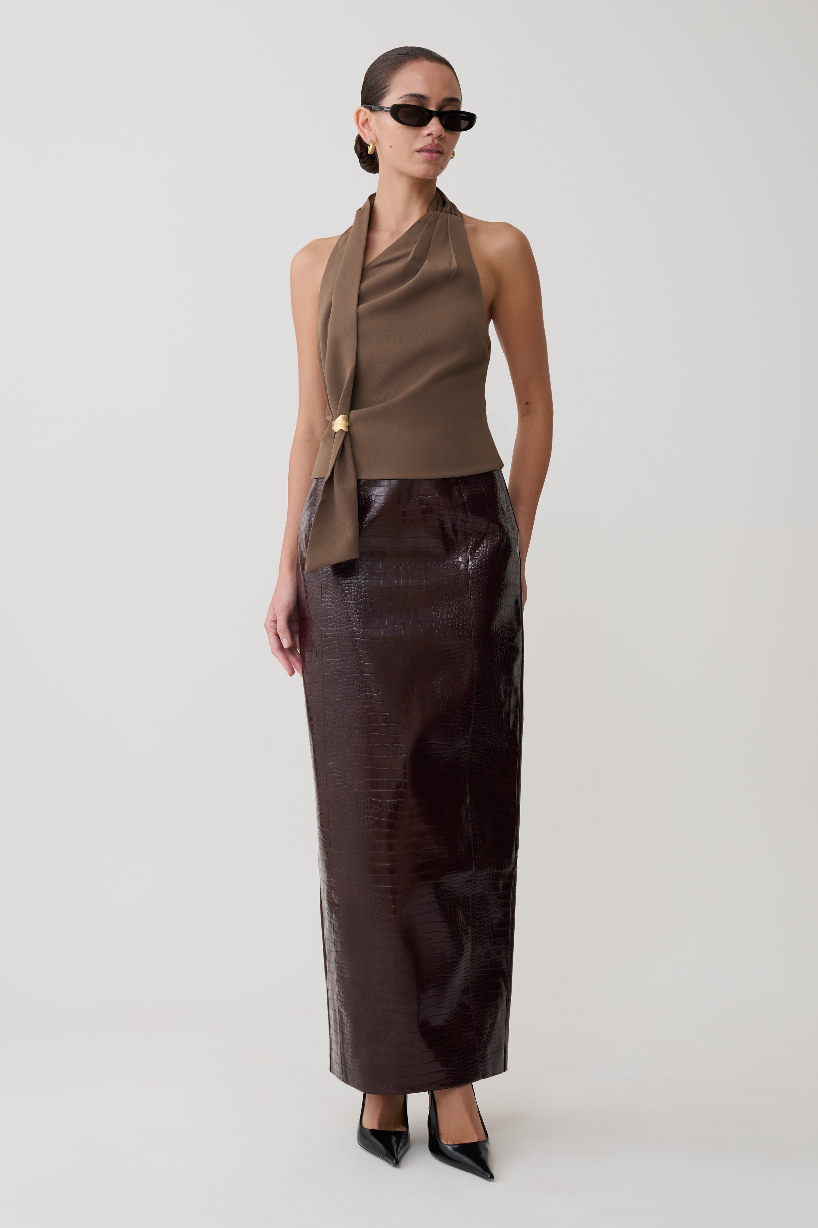 Marina Halter Top With Hardware - Cacao Brown