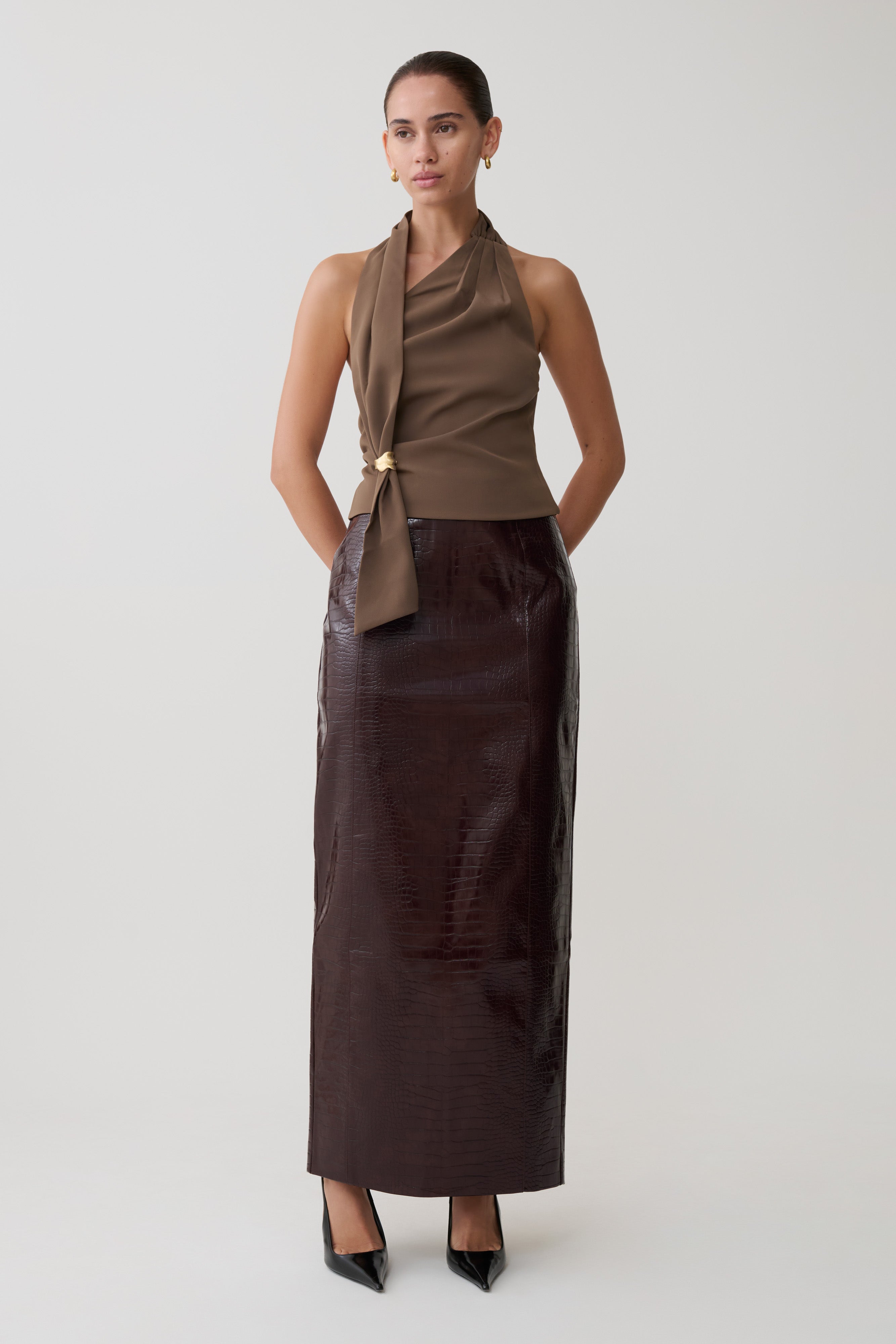 Marina Halter Top With Hardware - Cacao Brown