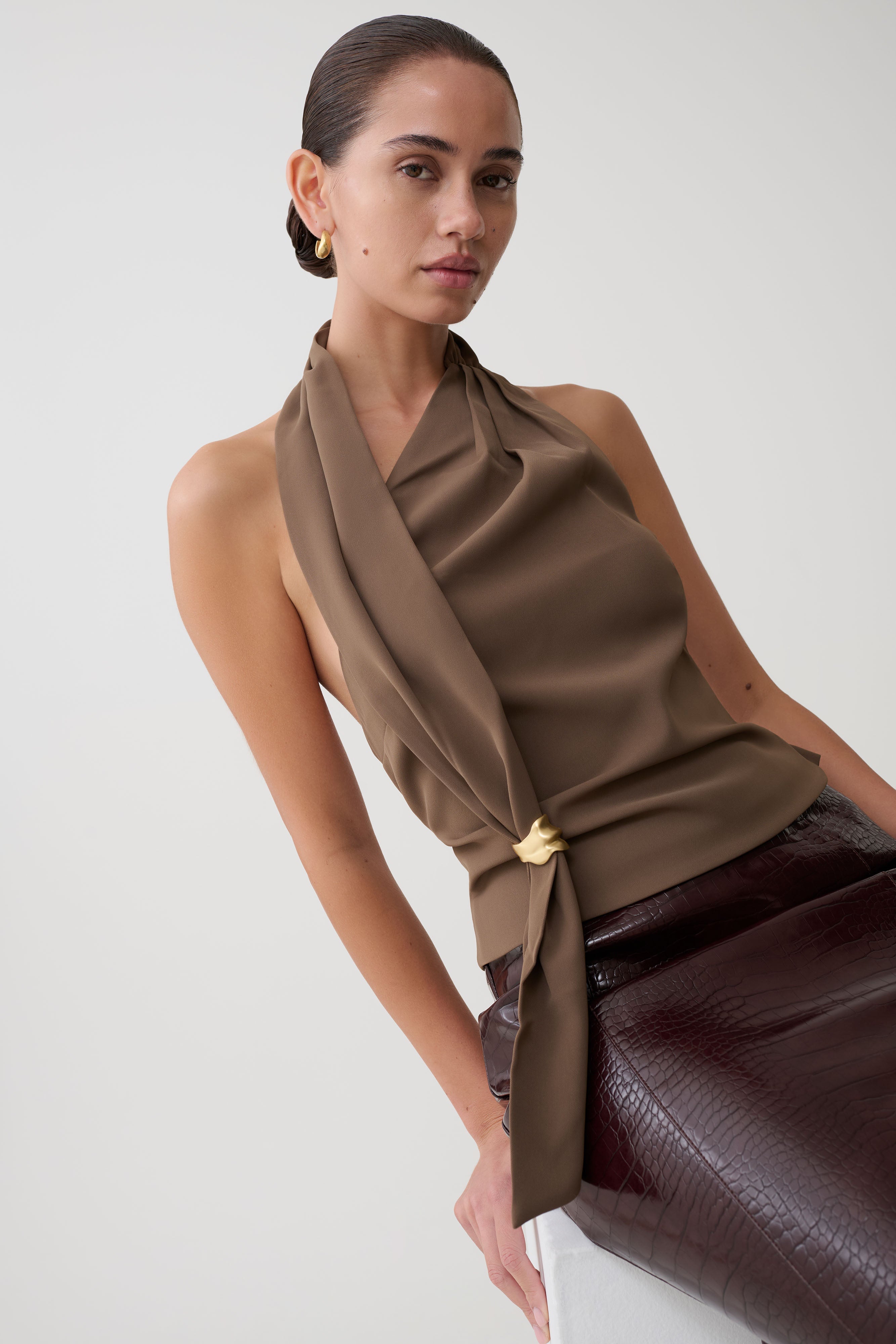 Marina Halter Top With Hardware - Cacao Brown