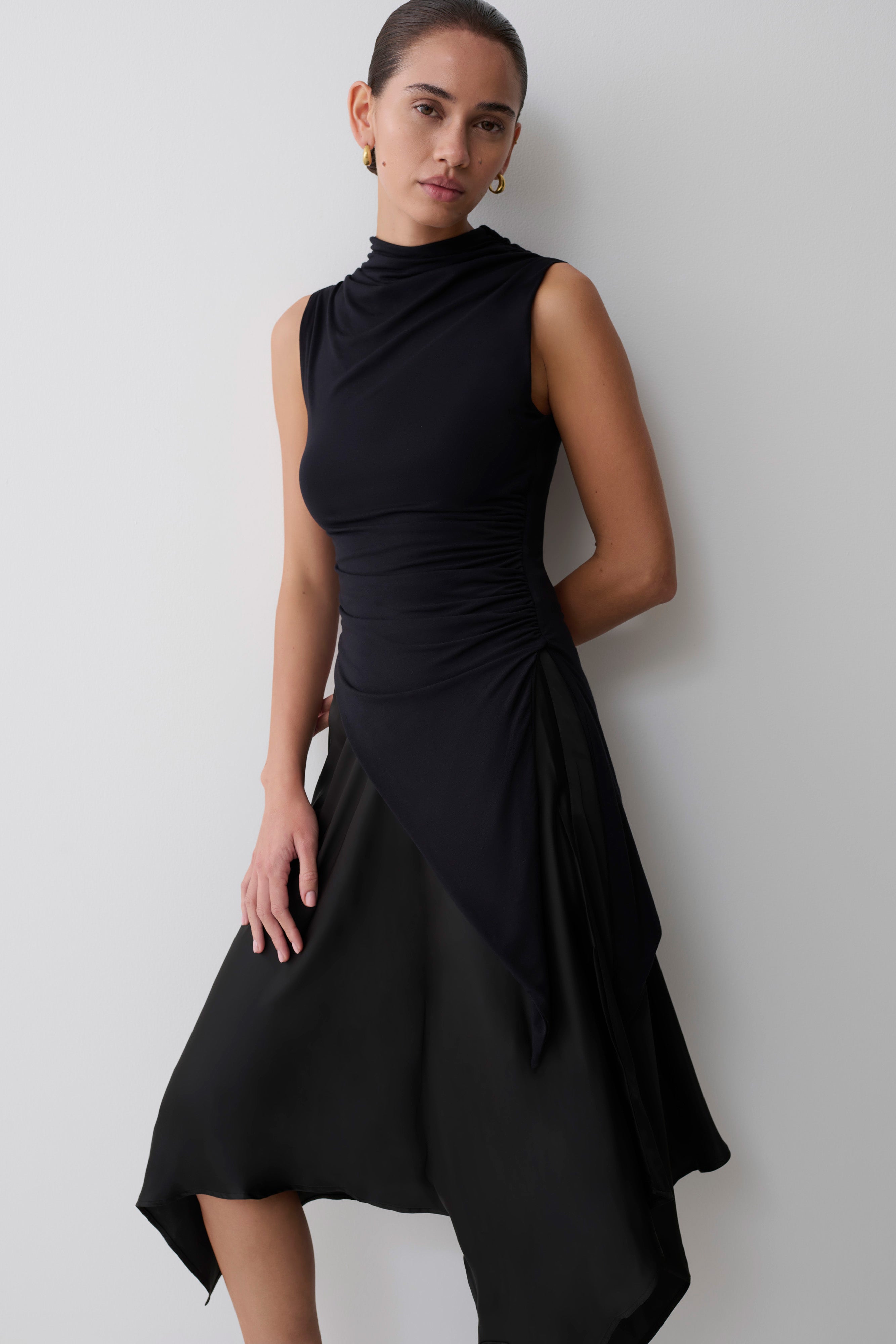 Coralie Asymmetric Satin Midi Skirt - Black