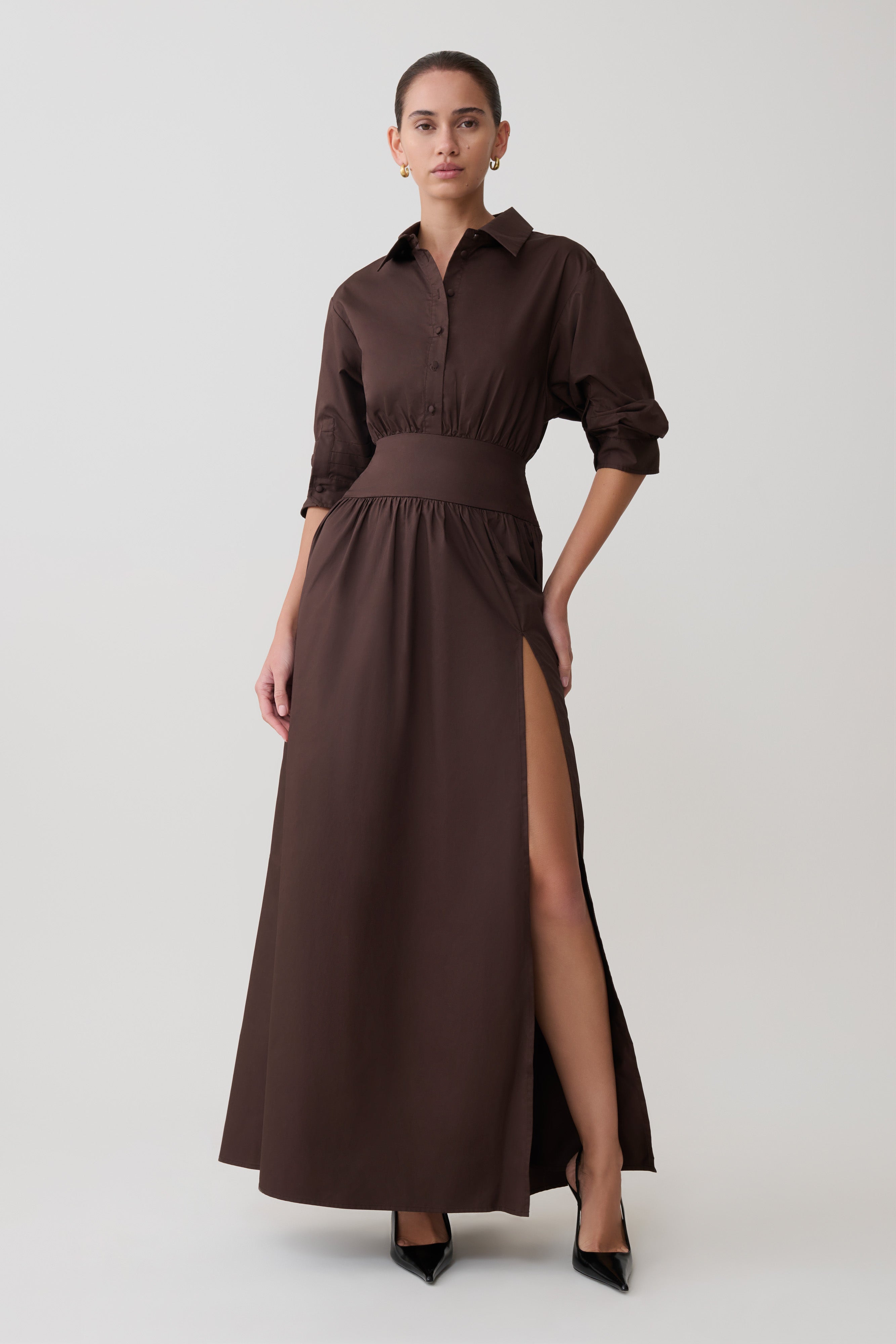 Isolde Long Sleeve Cotton Maxi Dress - Dark Chocolate