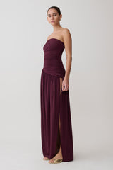 Bex Strapless Slinky Maxi Dress With Split - Burgundy