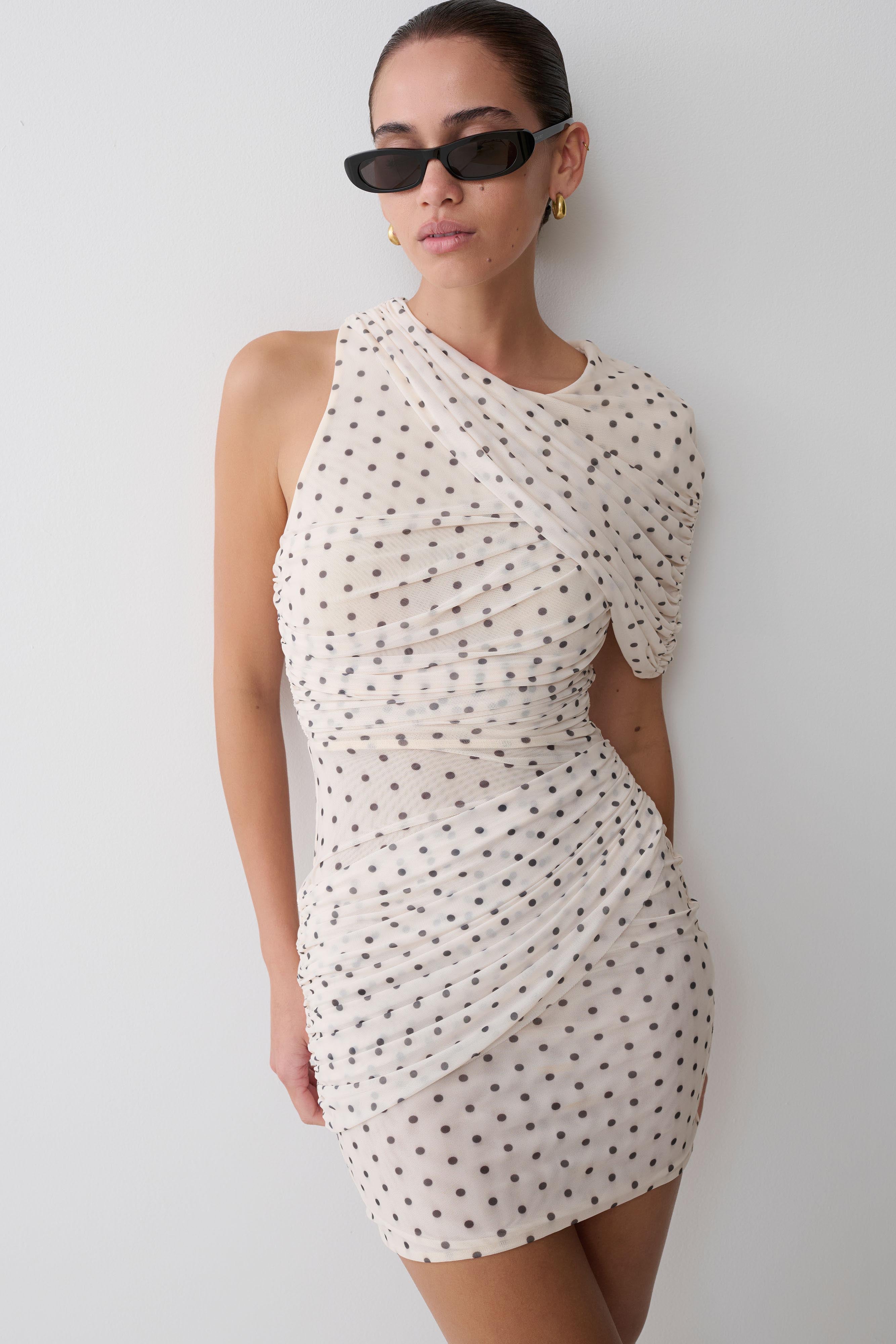 Adrienne One Shoulder Mesh Mini Dress - Polka Dot