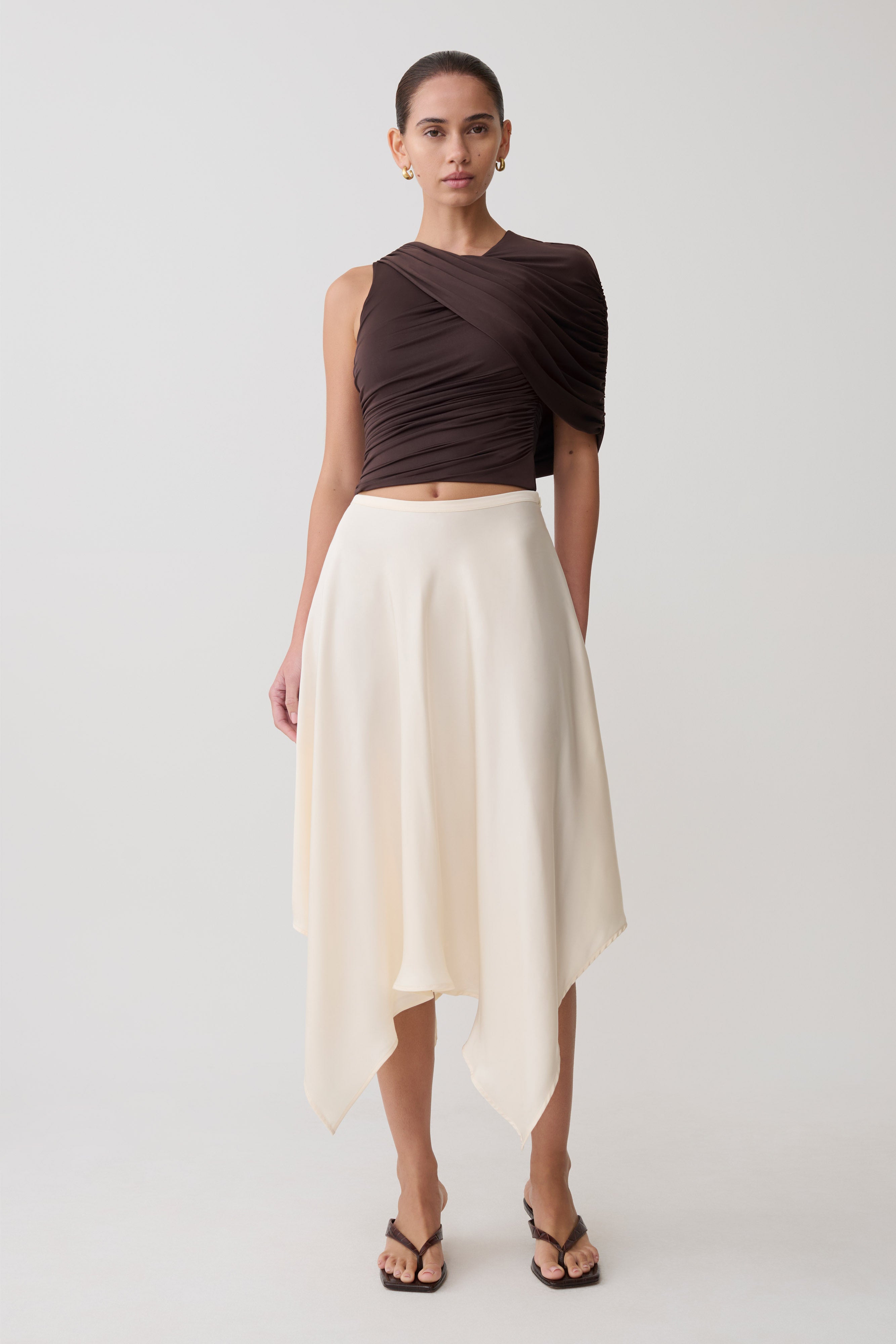 Adrienne One Shoulder Slinky Top - Chocolate