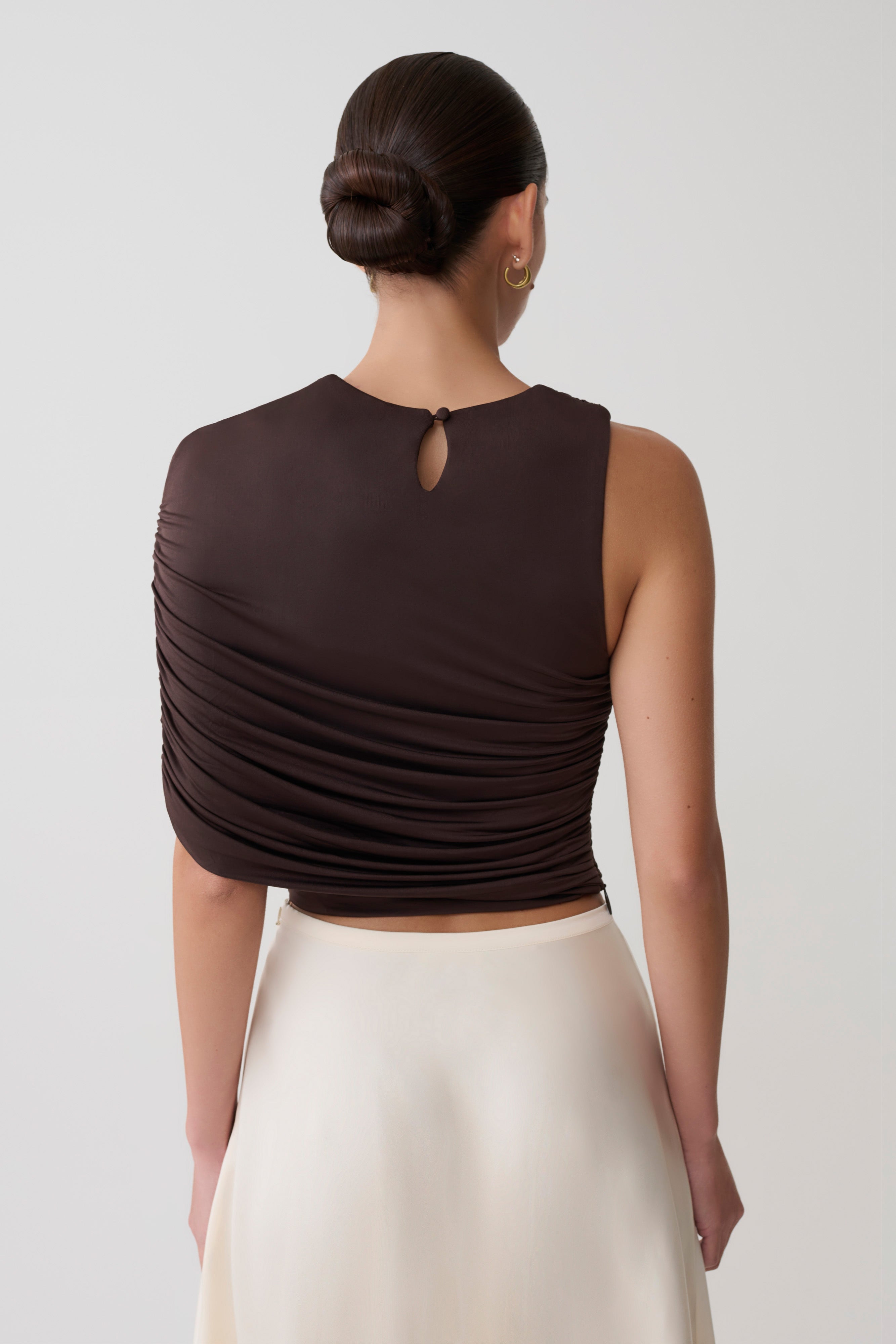 Adrienne One Shoulder Slinky Top - Chocolate