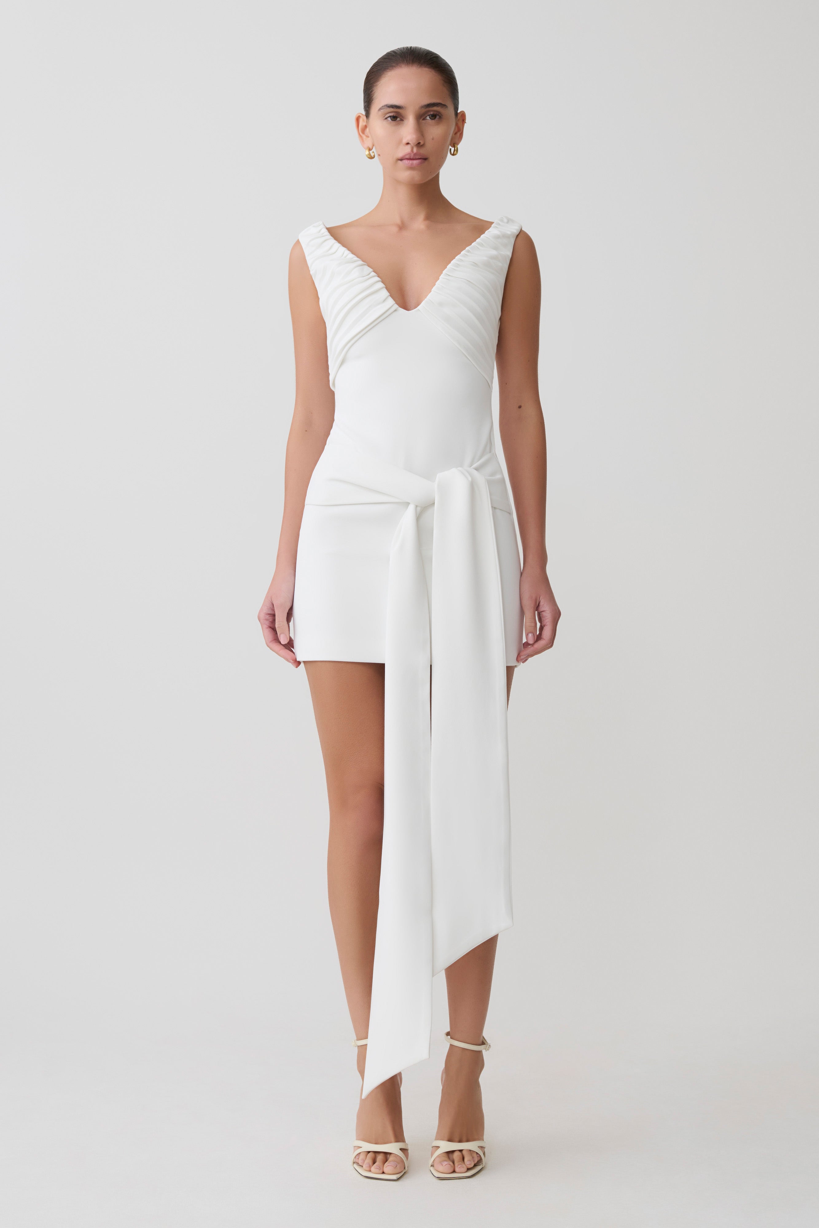 Runa Off Shoulder Mini Dress With Waist Tie - White