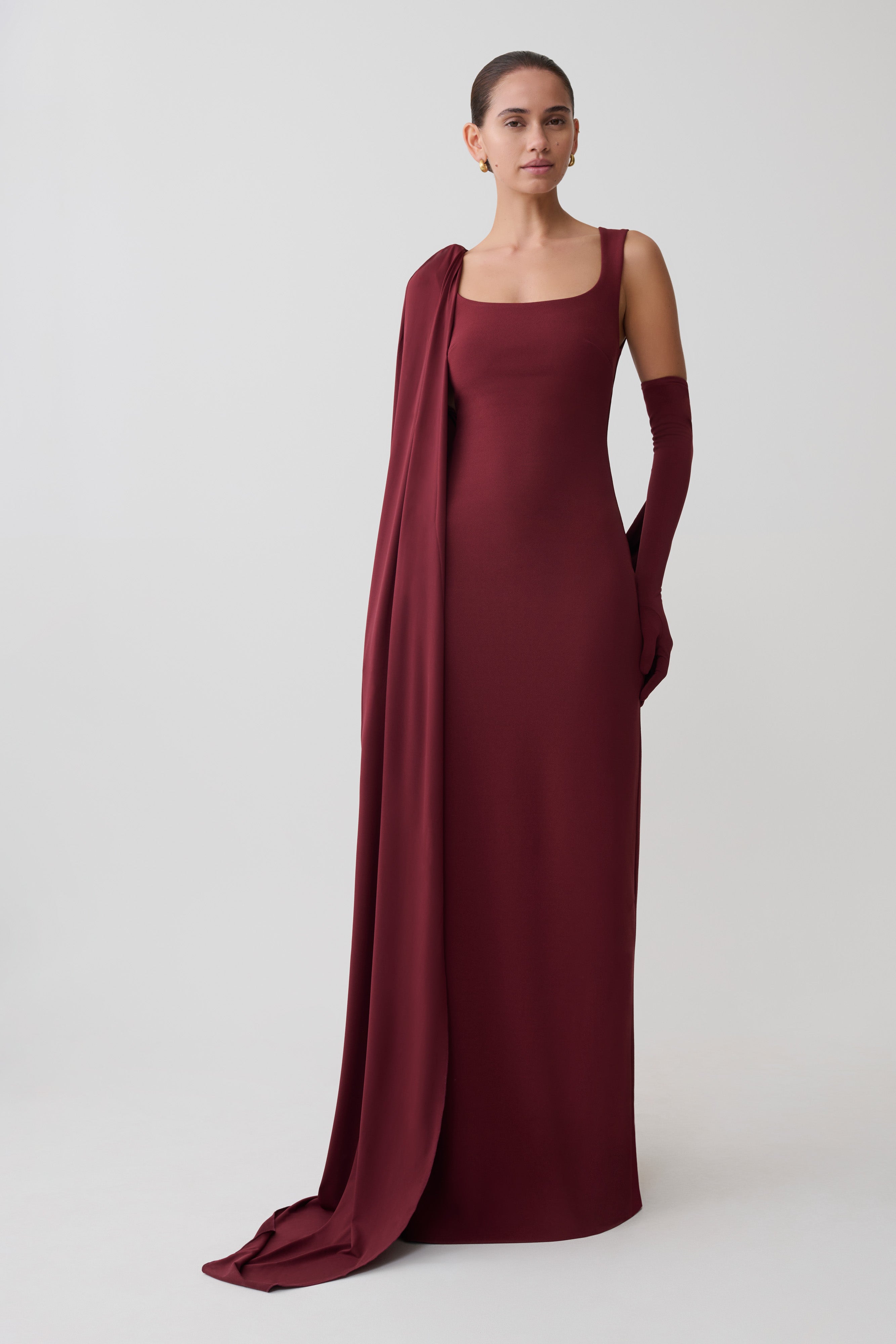 Rhea Detachable Cape Jersey Maxi Dress - Wine