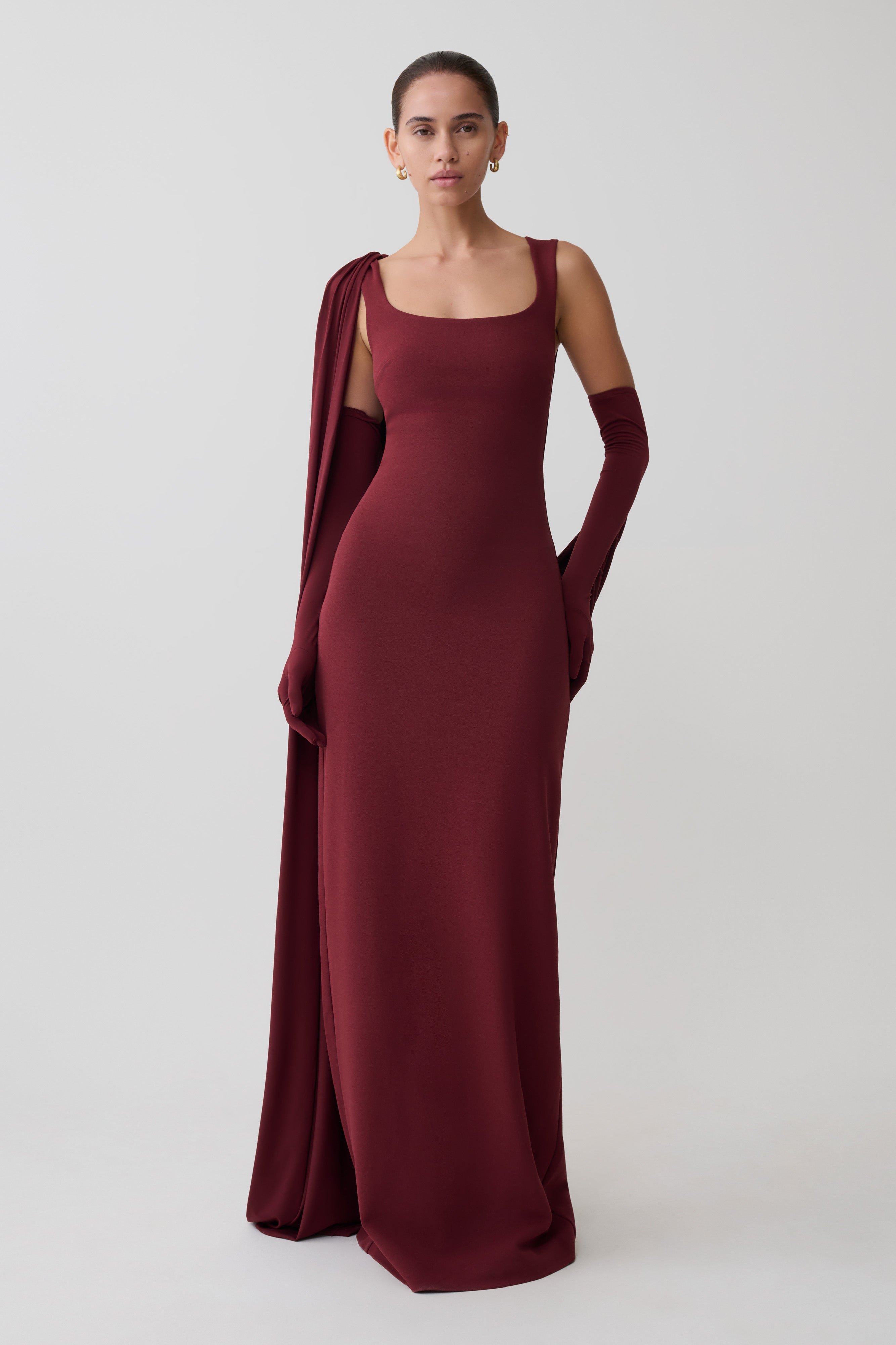Rhea Detachable Cape Jersey Maxi Dress - Wine