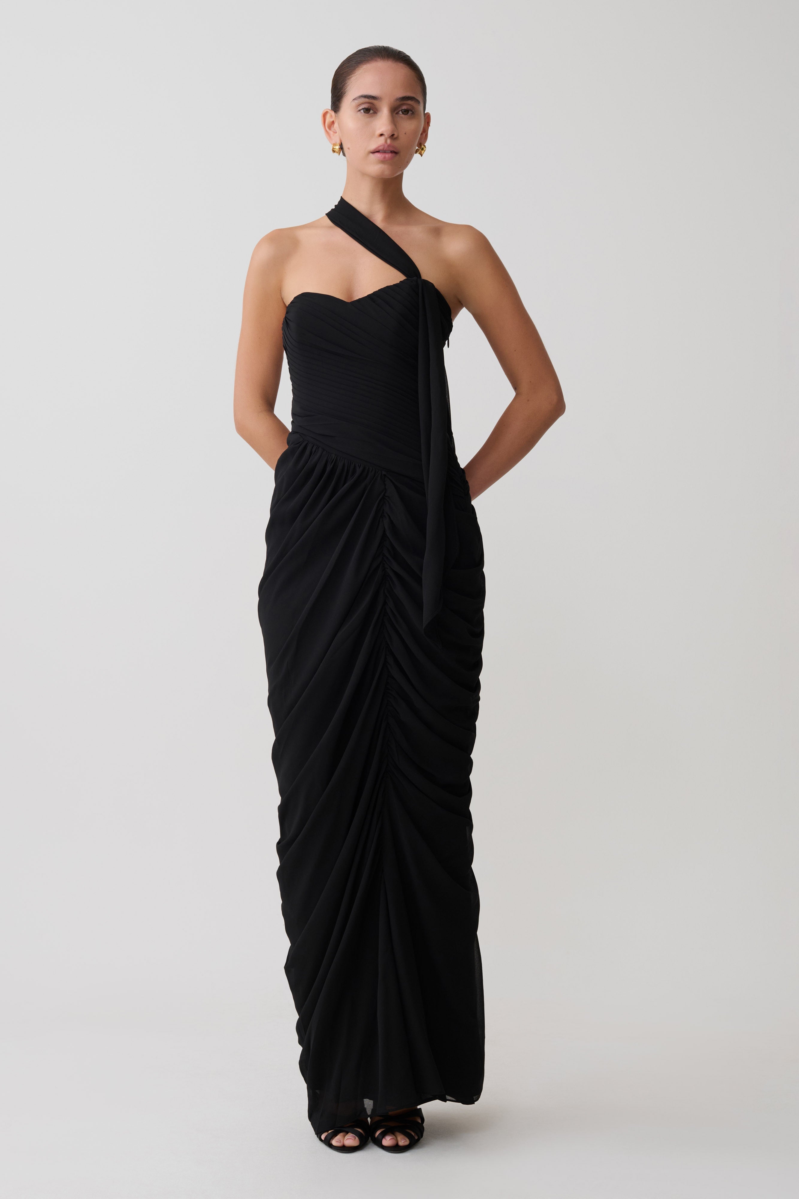 Micaela Chiffon Gathered Maxi Dress - Black