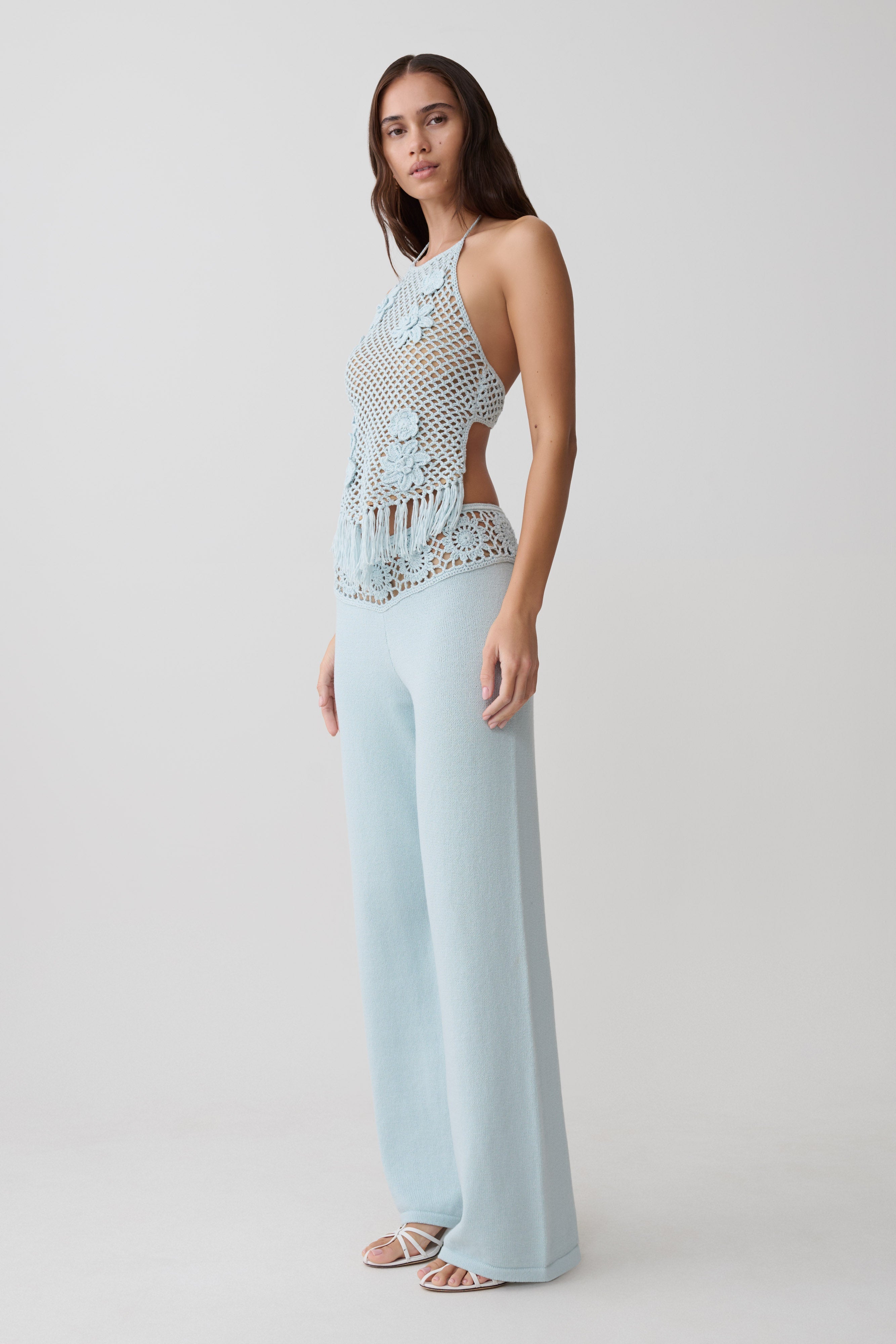 Miley Crochet Waistband Straight Leg Pant - Pale Aqua