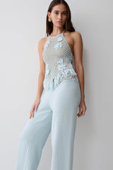 Miley Crochet Waistband Straight Leg Pant - Pale Aqua