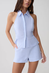 Allison Halter Sleeveless Shirt - Blue Pinstripe
