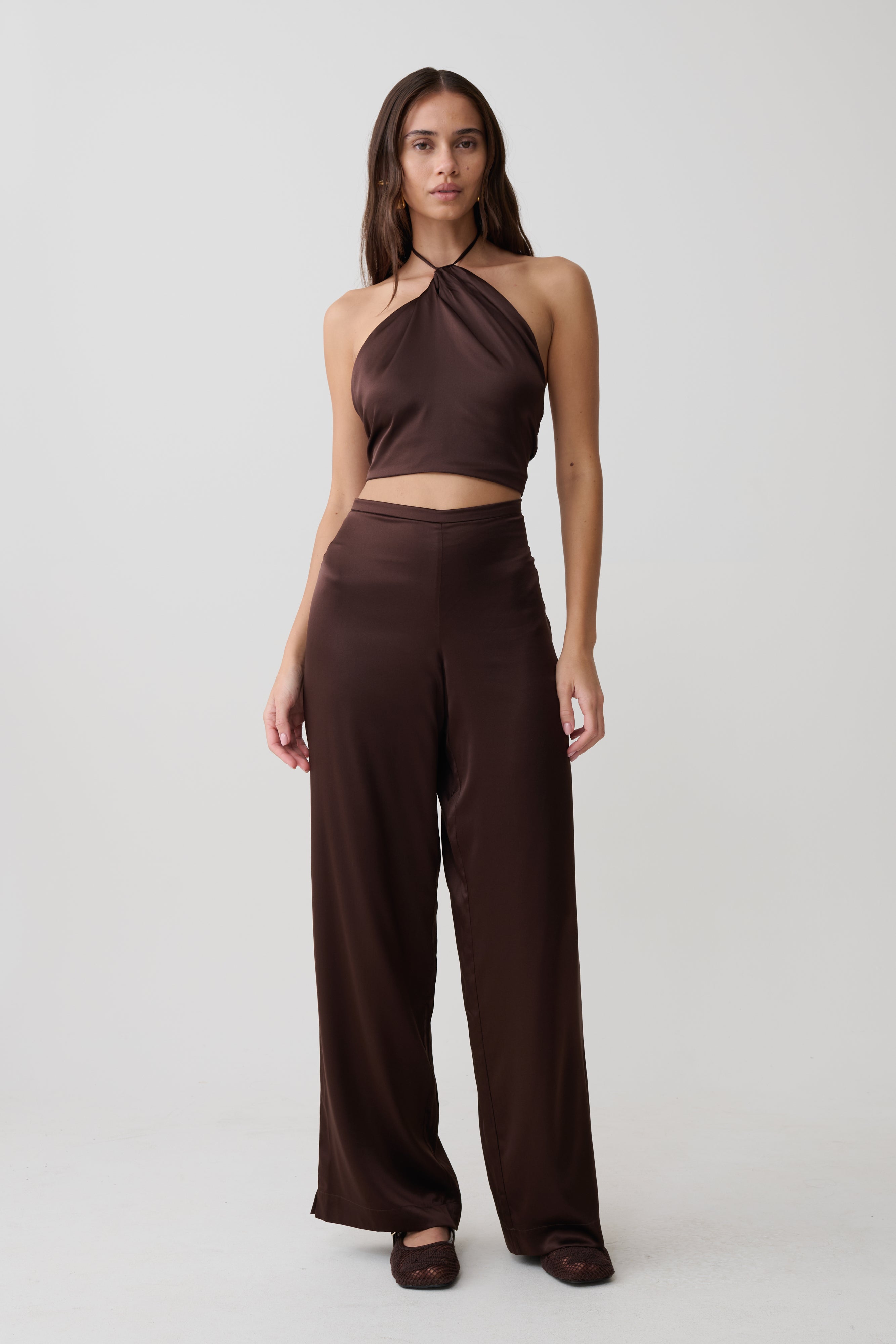 Kayla Silk Blend Straight Leg Pants - Dark Chocolate