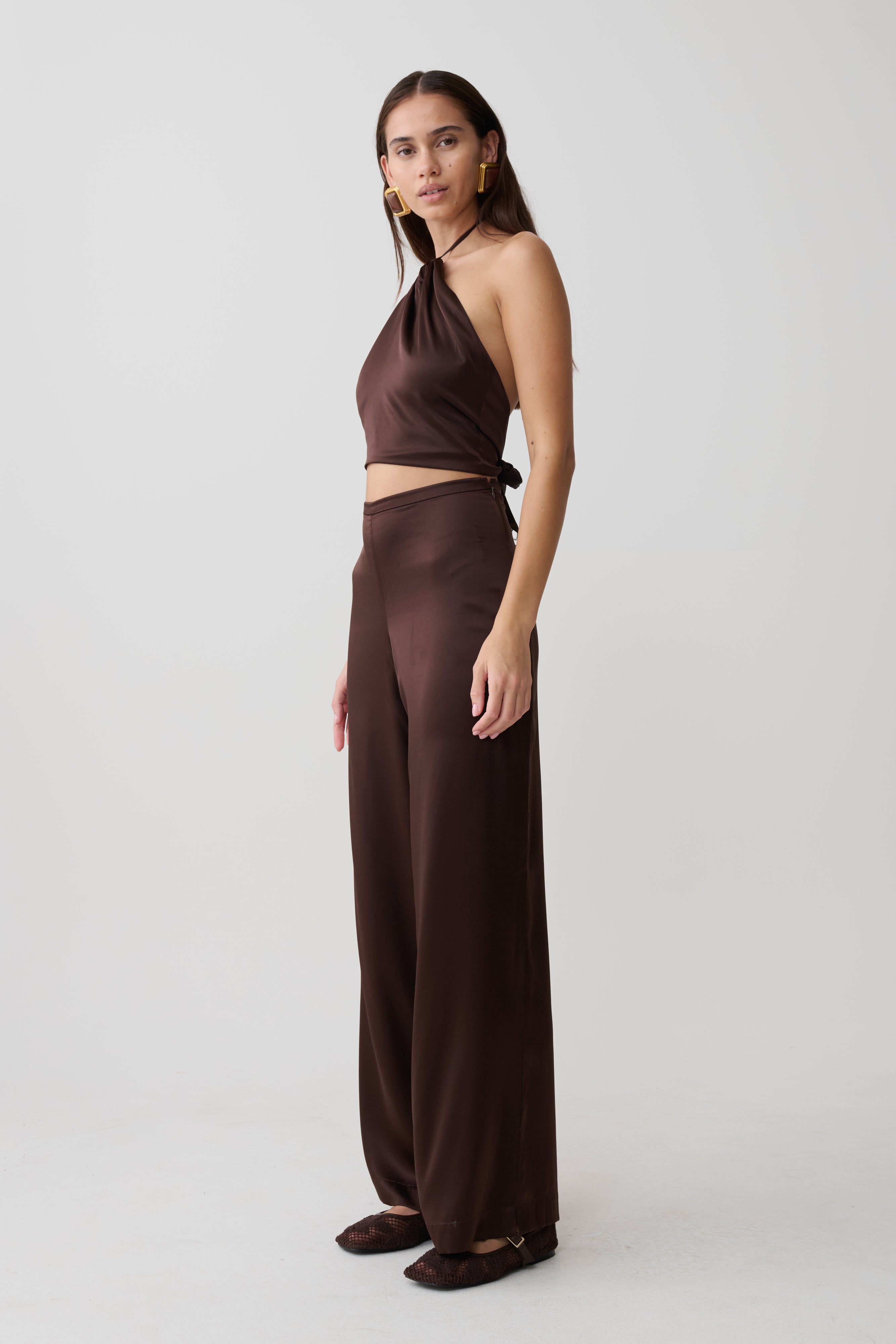 Mariana Halter Silk Blend Sleeveless Top - Dark Chocolate