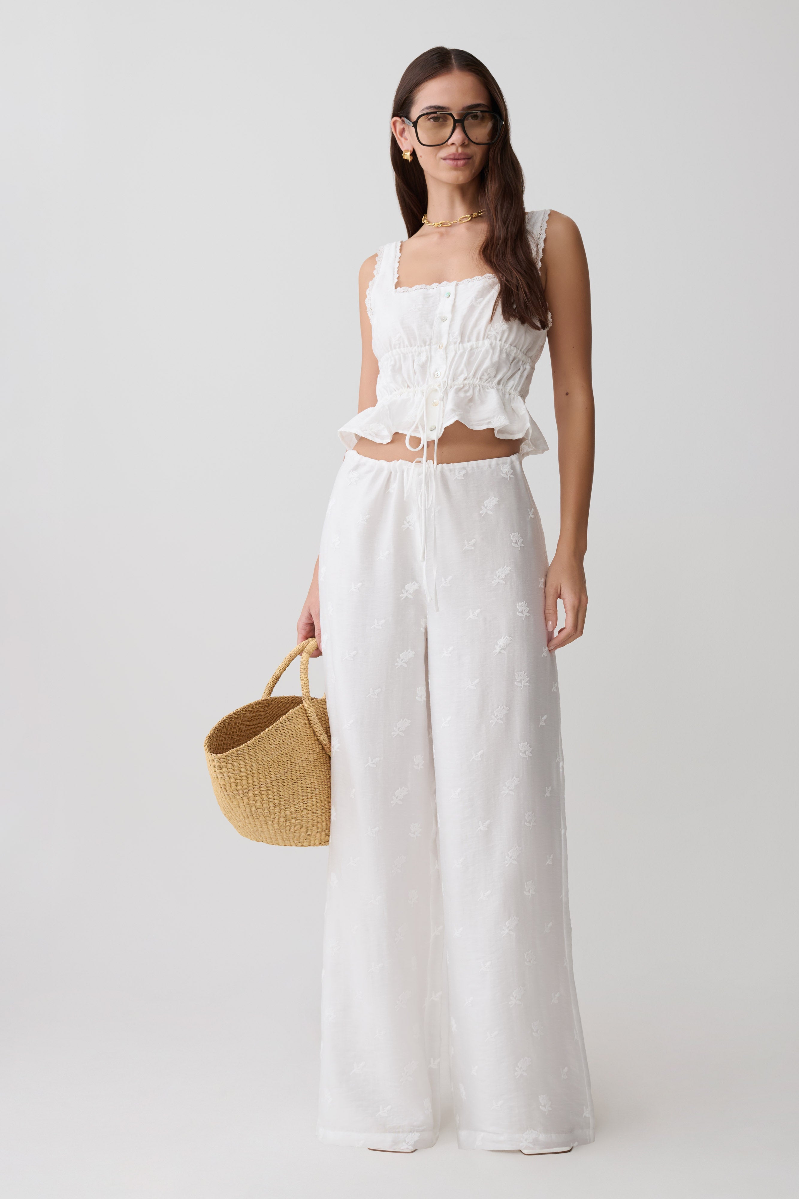 Vivian Tie Waist Embroidered Pant - White