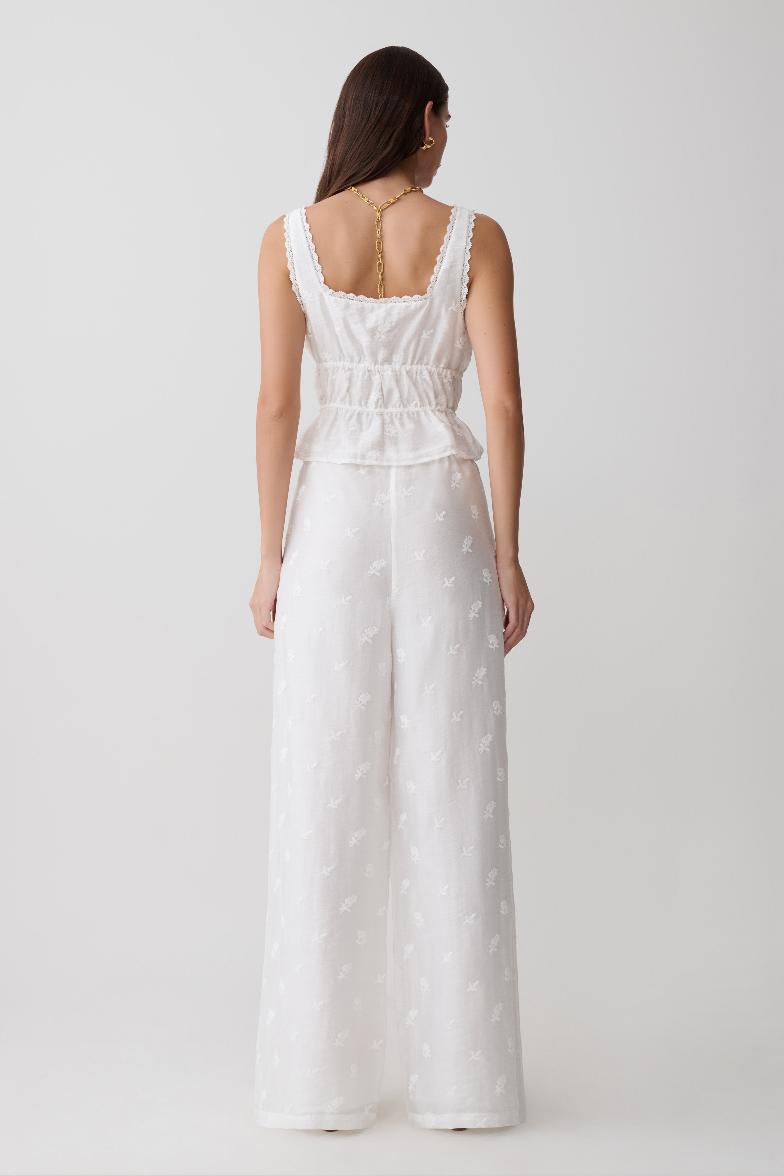 Vivian Tie Waist Embroidered Pant - White