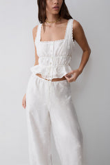 Vivian Tie Waist Embroidered Pant - White