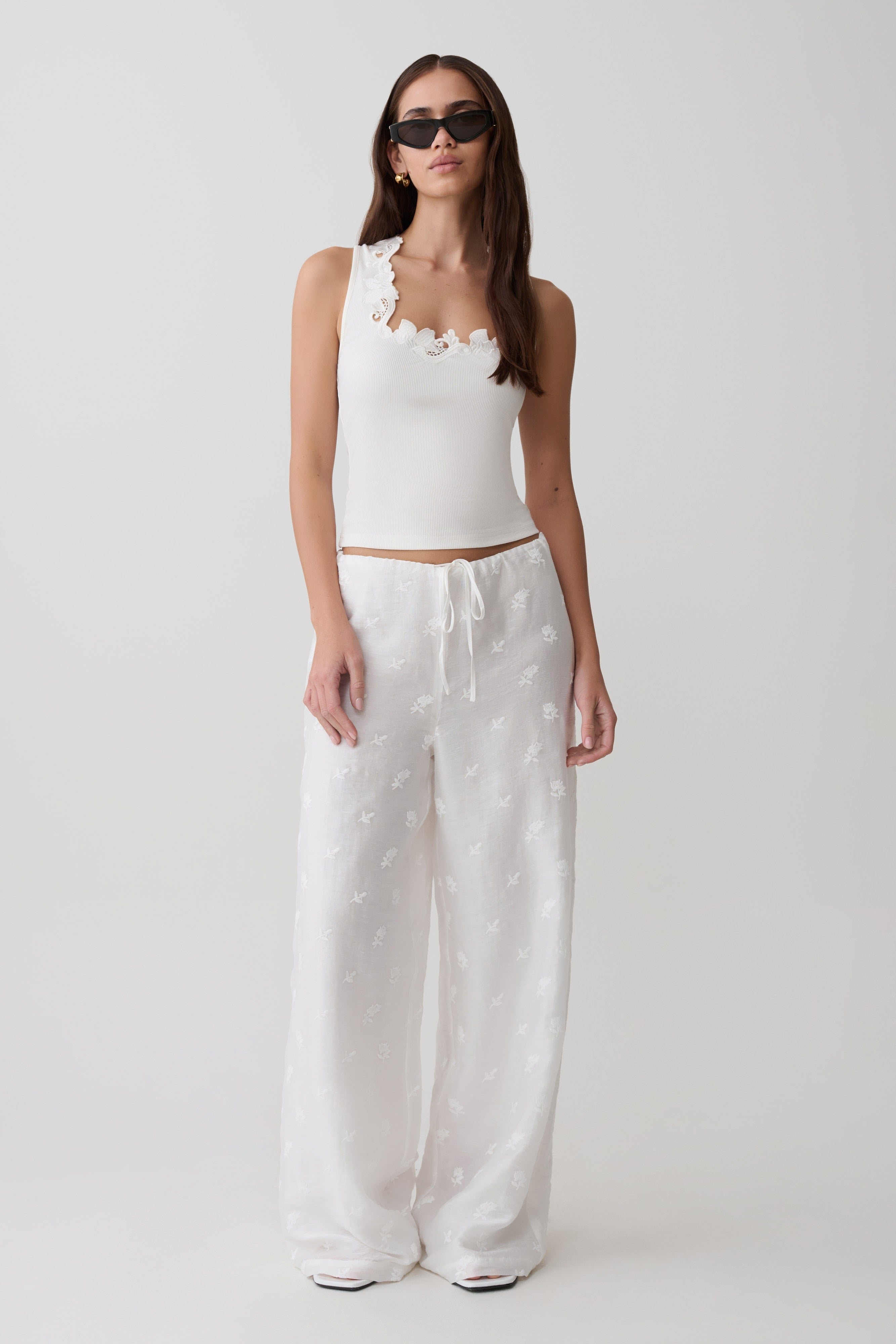 Vianna Broderie Ribbed Tank Top - Ivory
