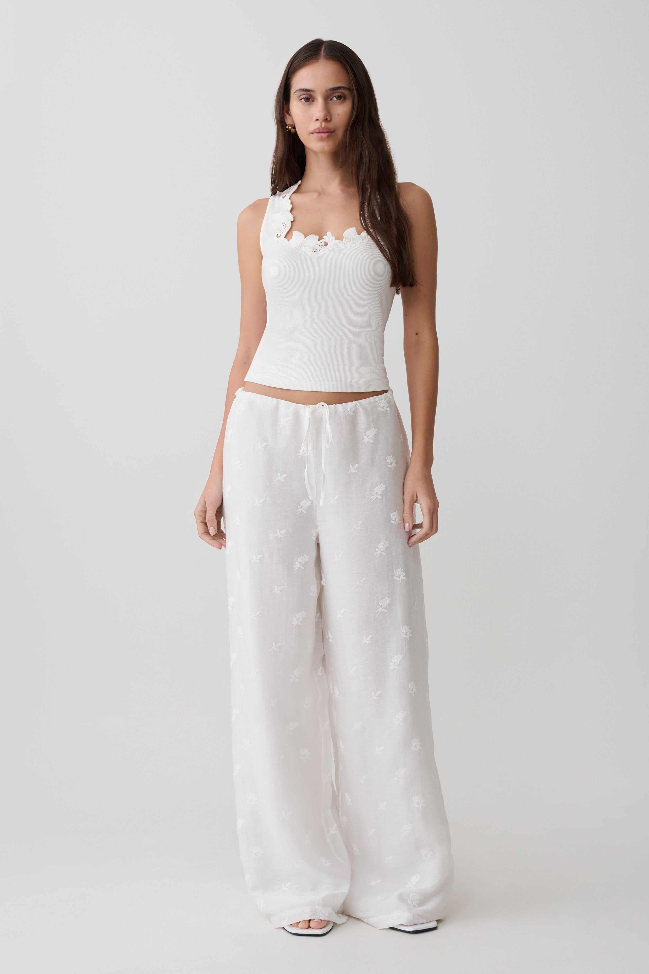 Vivian Tie Waist Embroidered Pant - White