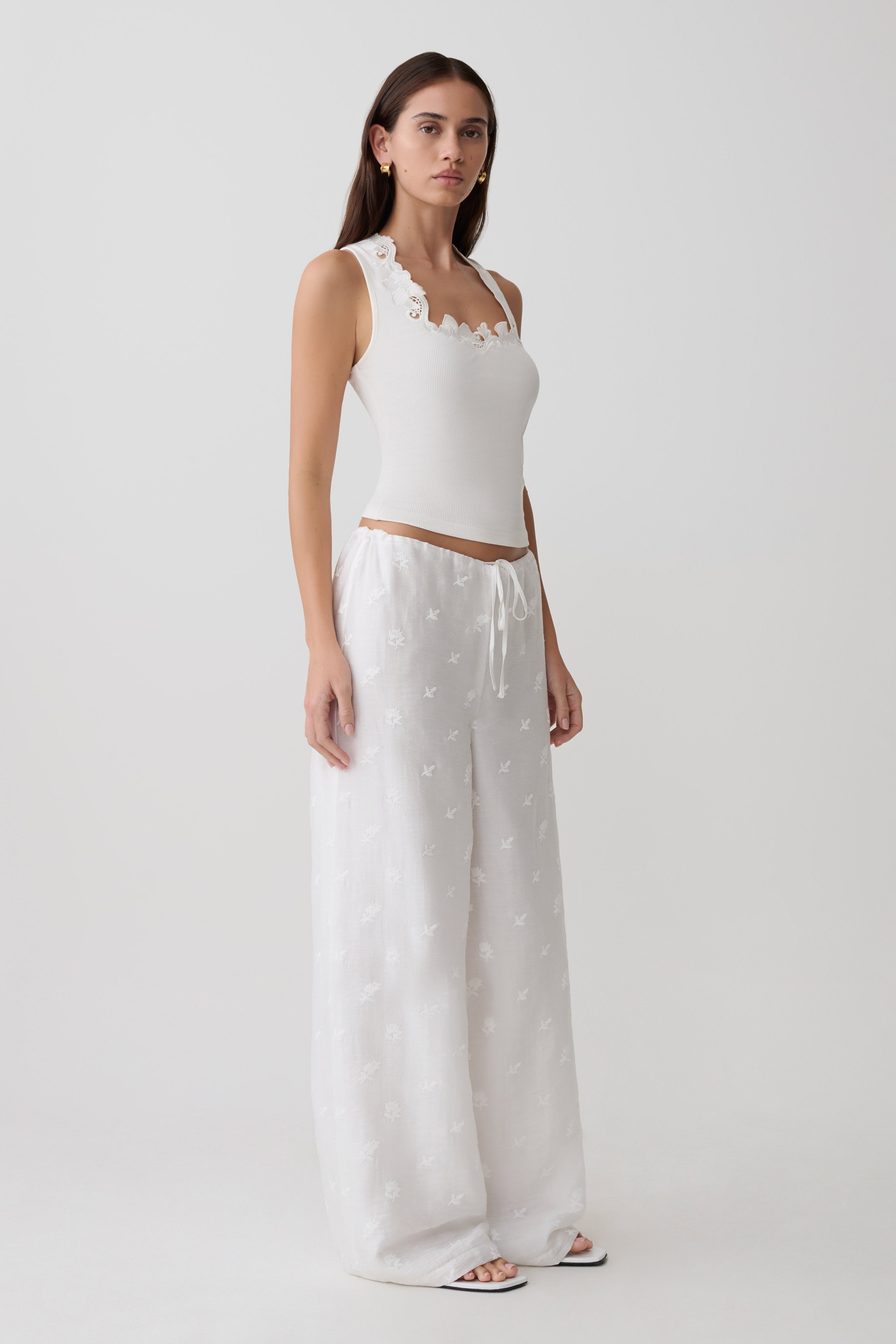 Vianna Broderie Ribbed Tank Top - Ivory