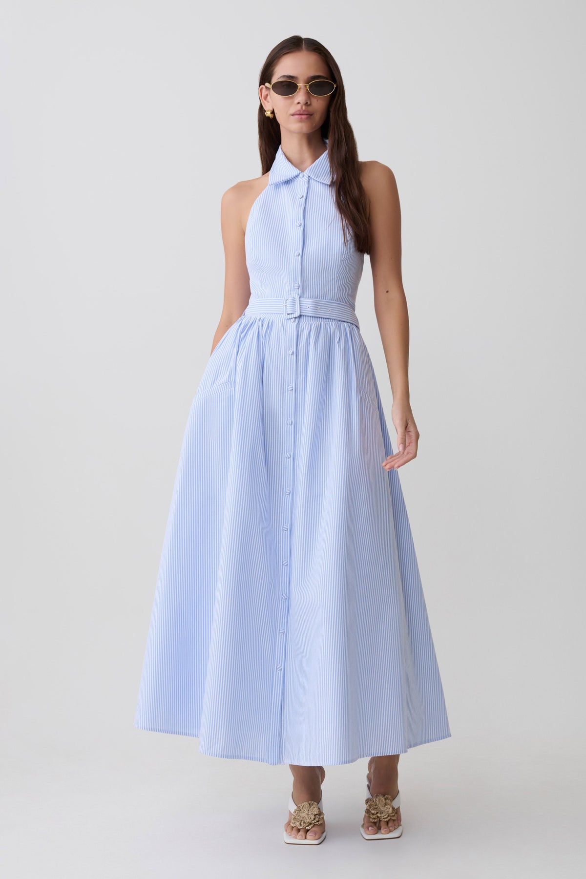 Cindy Collared Midi Dress - Blue Pinstripe