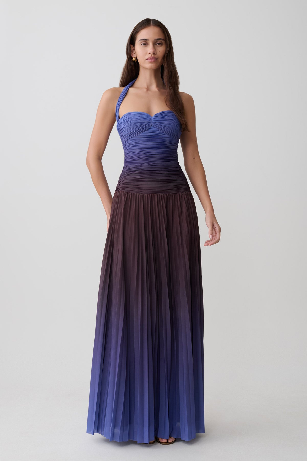 Azizi Pleated Halter Midi Dress - Chocolate & Blue Ombre Print