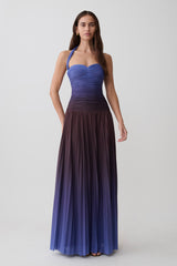 Azizi Pleated Halter Midi Dress - Chocolate & Blue Ombre Print