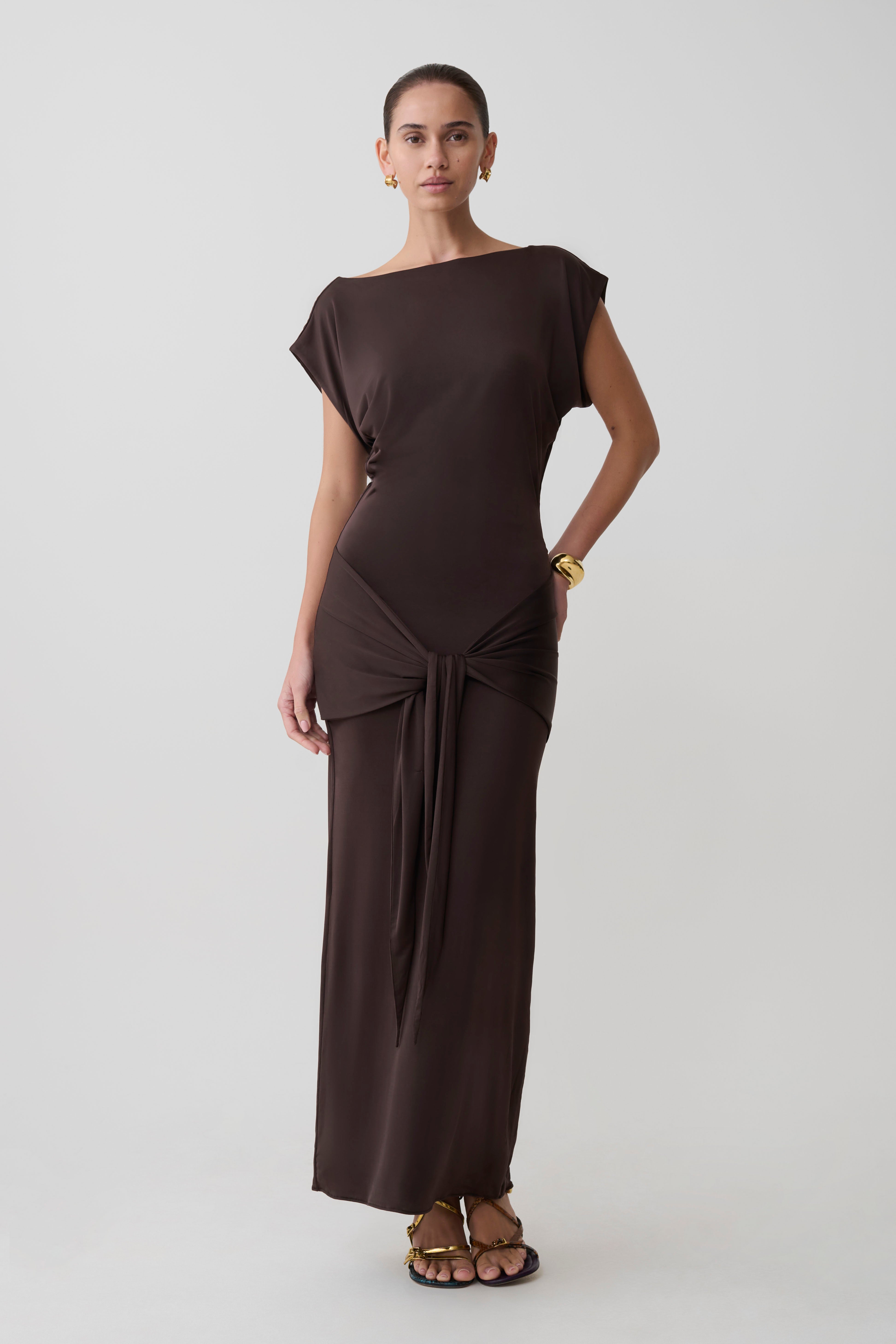 Maiara Shortsleeve Slinky Tie Maxi Dress - Chocolate
