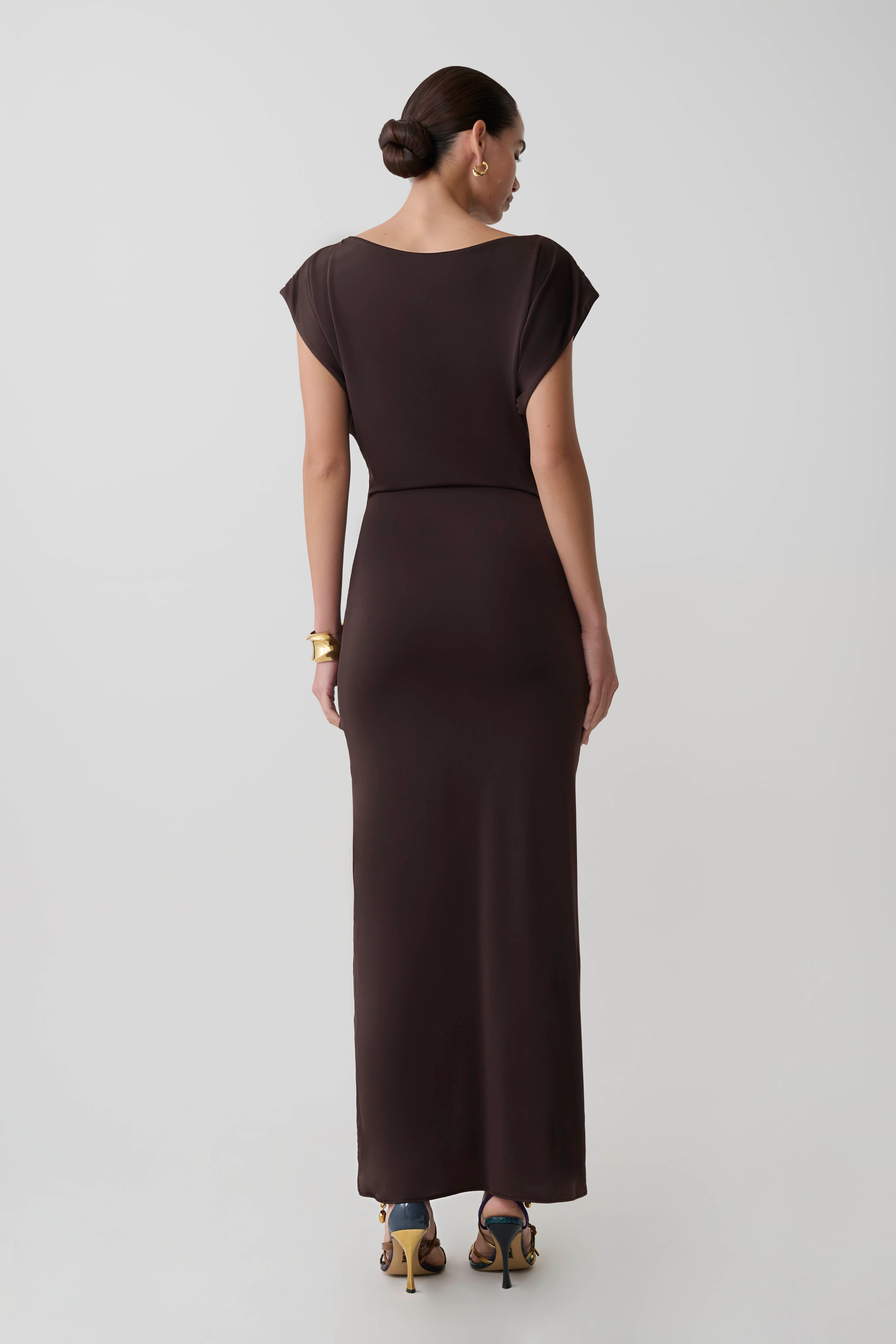 Maiara Shortsleeve Slinky Tie Maxi Dress - Chocolate