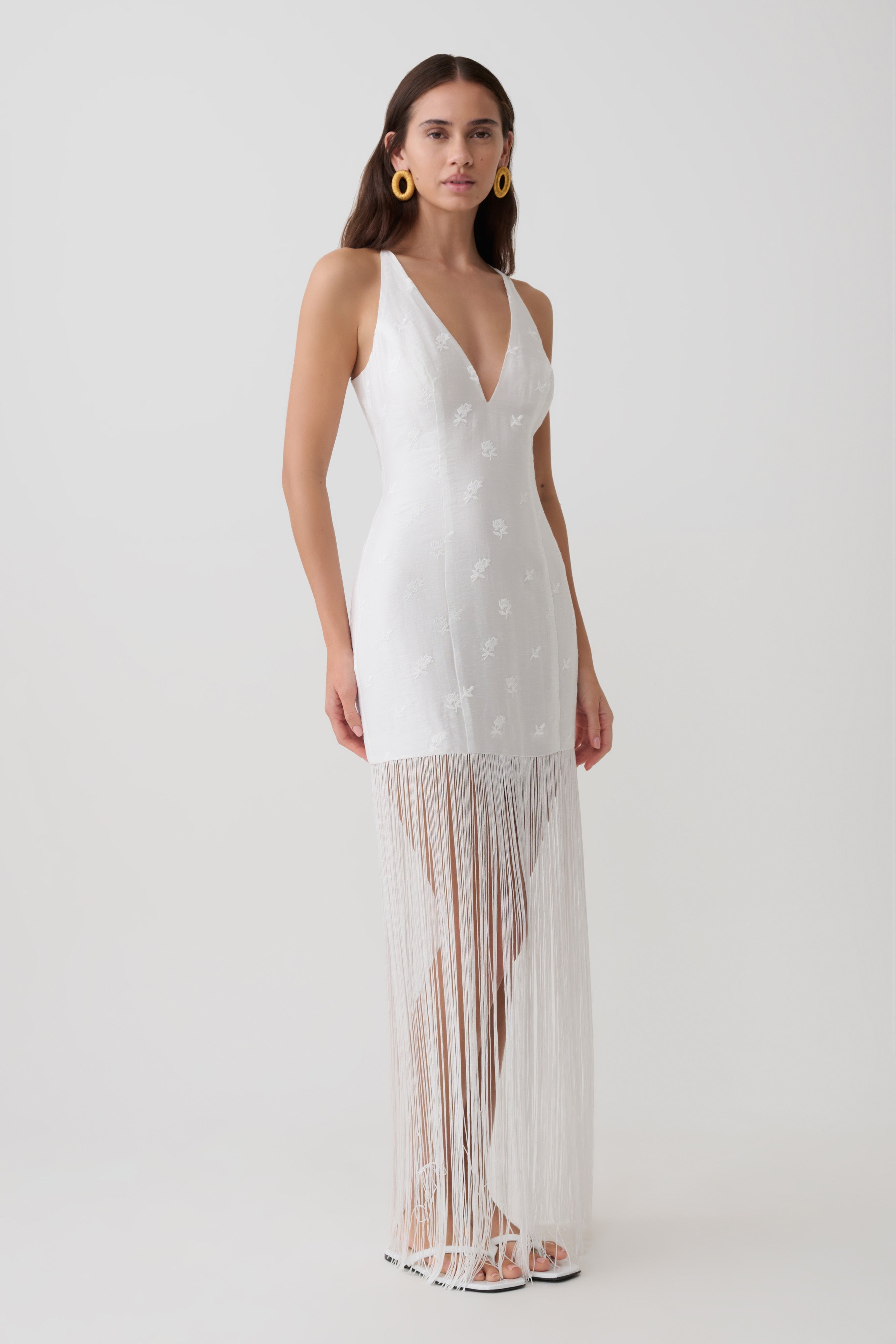 Abigail V Neck Fringe Maxi Dress - White