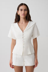 Melody Short Sleeve Shirt With Lace Collar - White