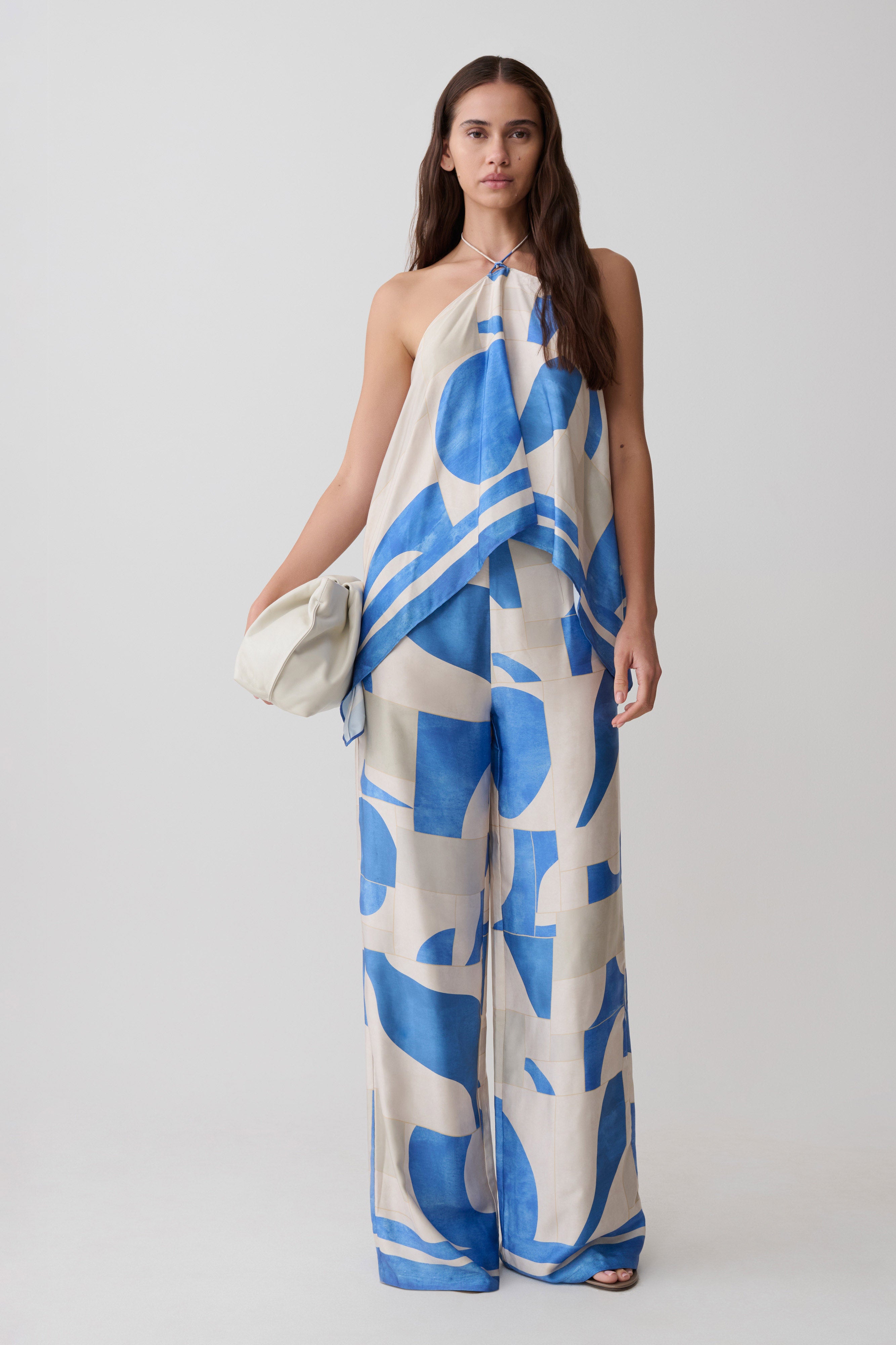 Adelaide Draped Satin Halter Top - Blue Geo Tile Print