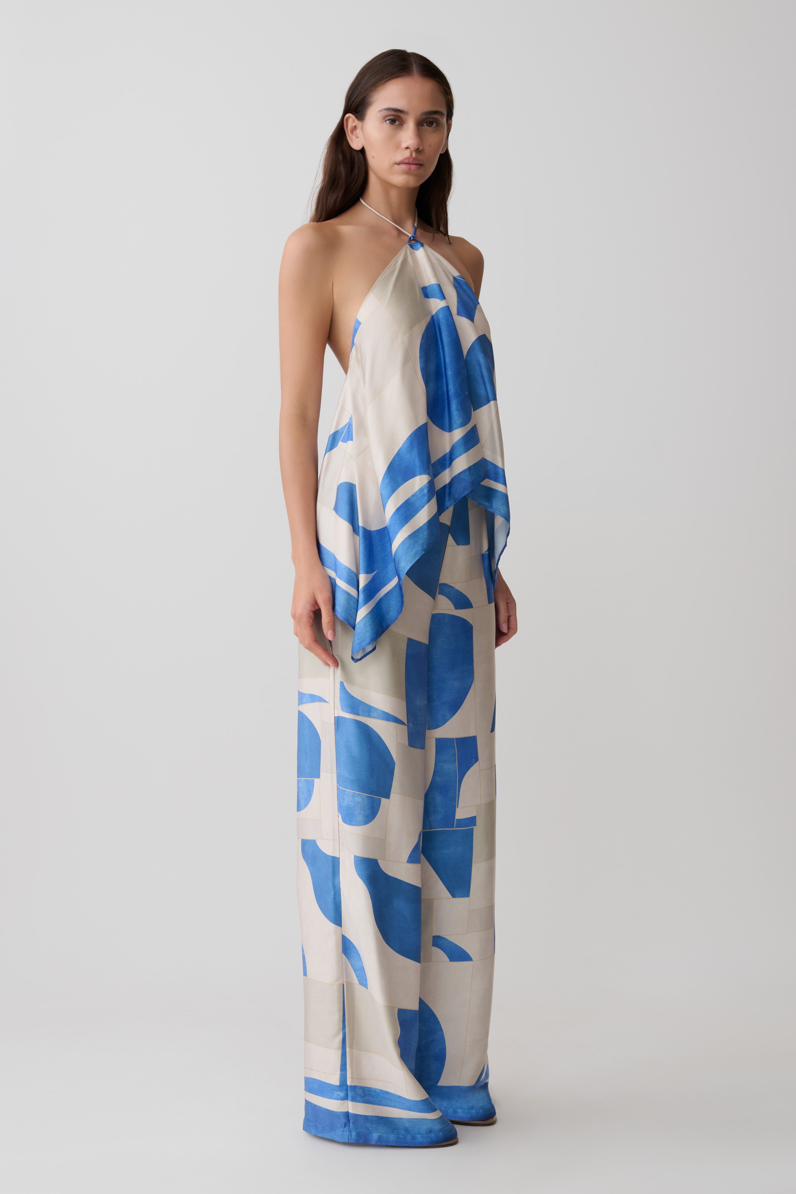Adelaide Draped Satin Halter Top - Blue Geo Tile Print