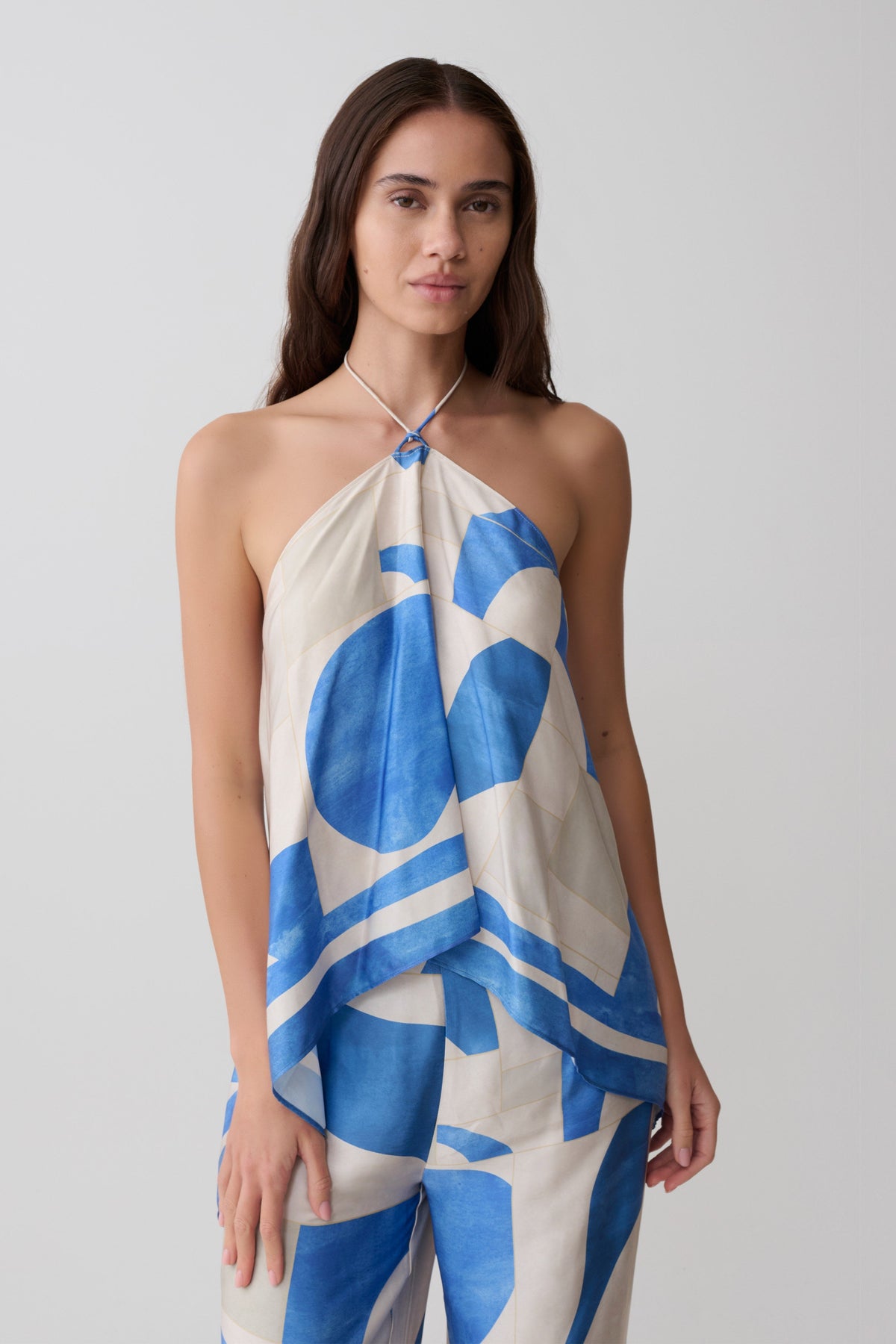 Adelaide Draped Satin Halter Top - Blue Geo Tile Print