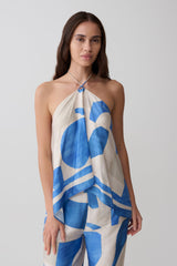 Adelaide Draped Satin Halter Top - Blue Geo Tile Print