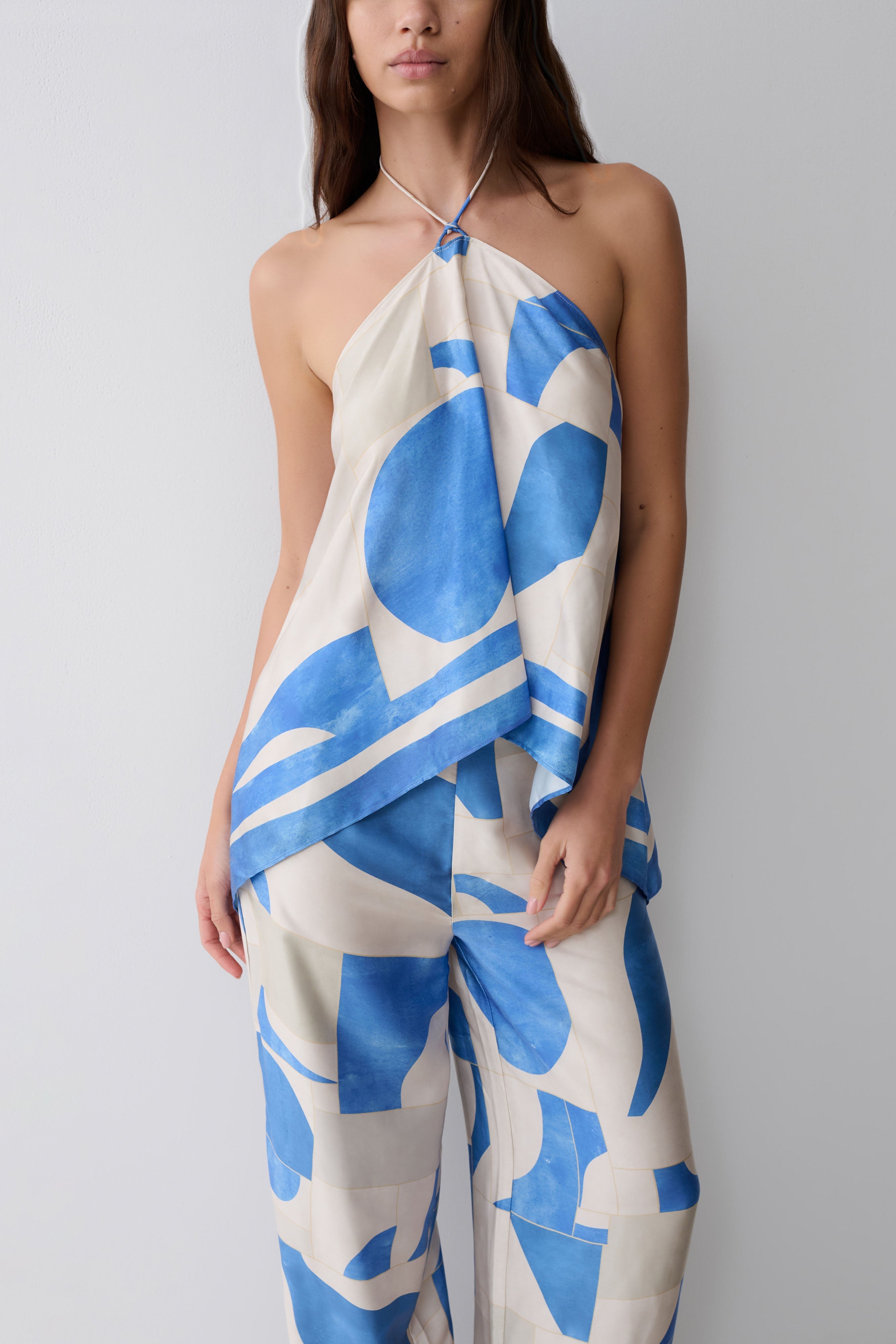 Adelaide Draped Satin Halter Top - Blue Geo Tile Print