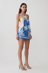 Adelaide Satin Mini Skirt - Blue Geo Tile Print