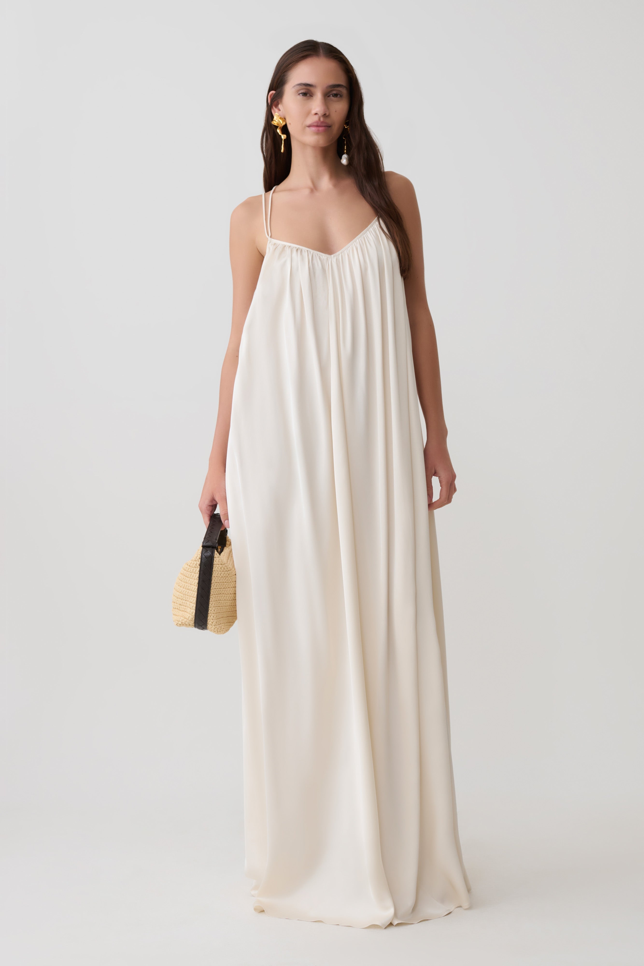 Adriana Satin Gathered Maxi Dress - Buttercream