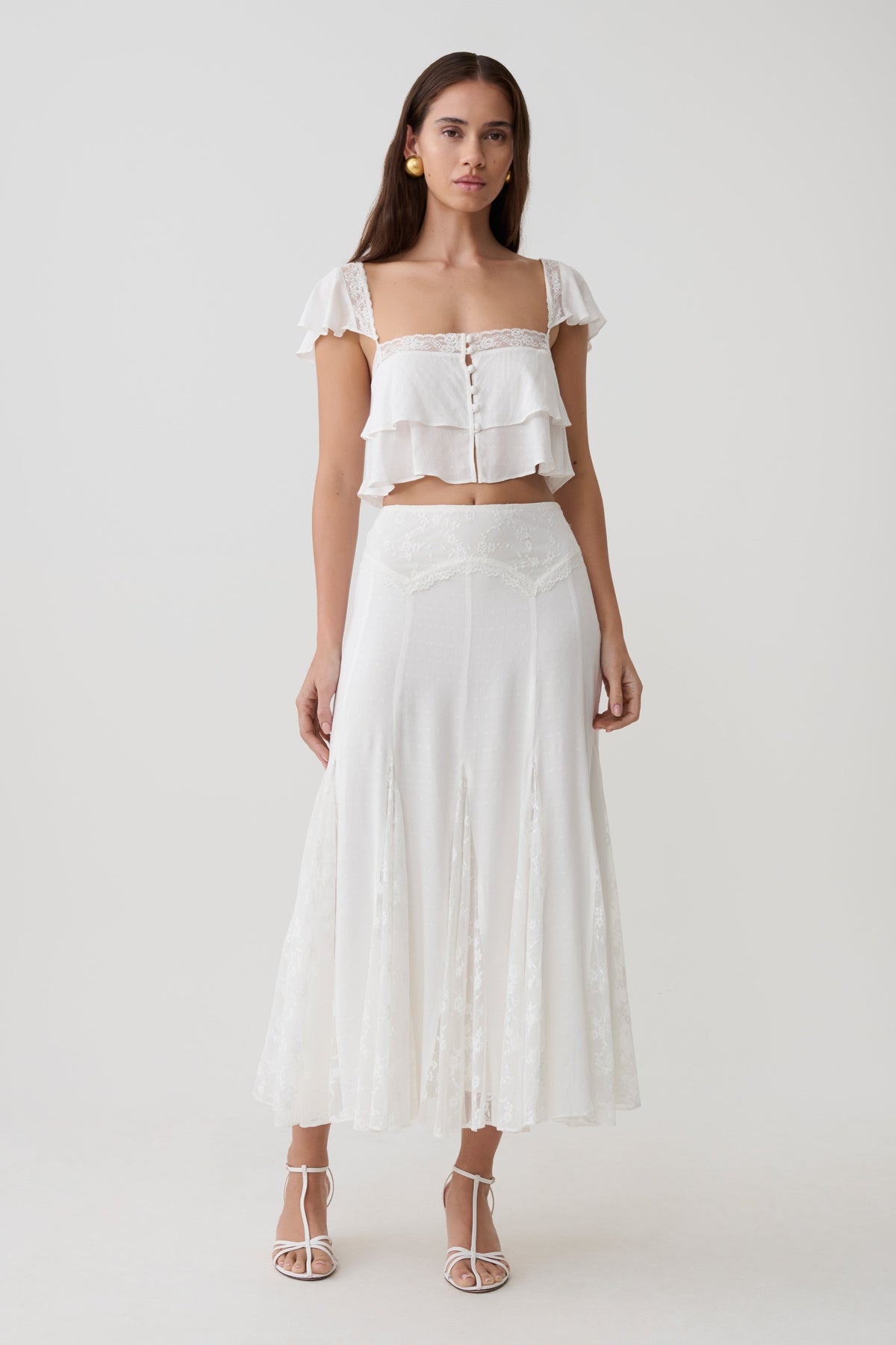Skylar Lace Panelled Midi Skirt - White
