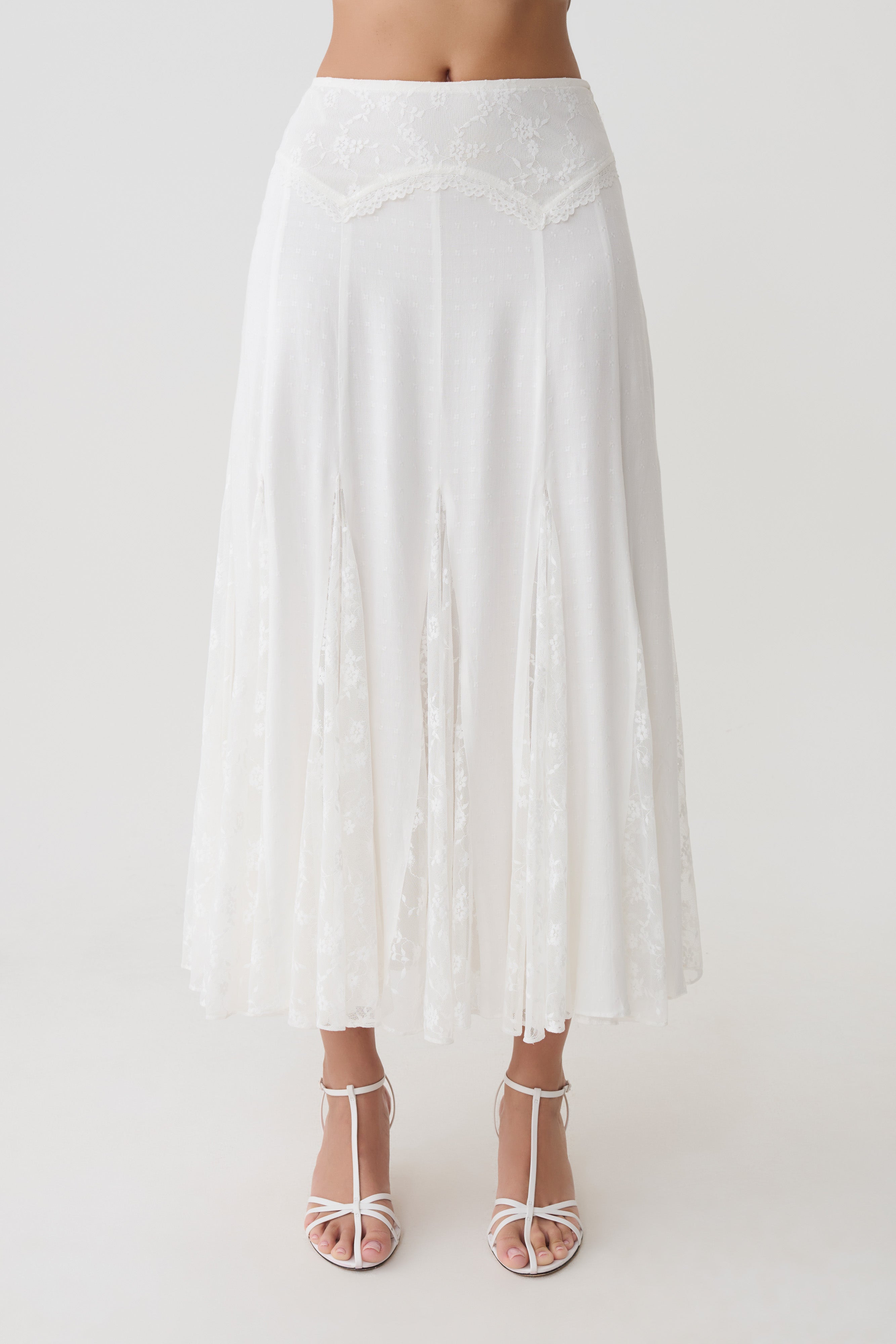 Skylar Lace Panelled Midi Skirt - White