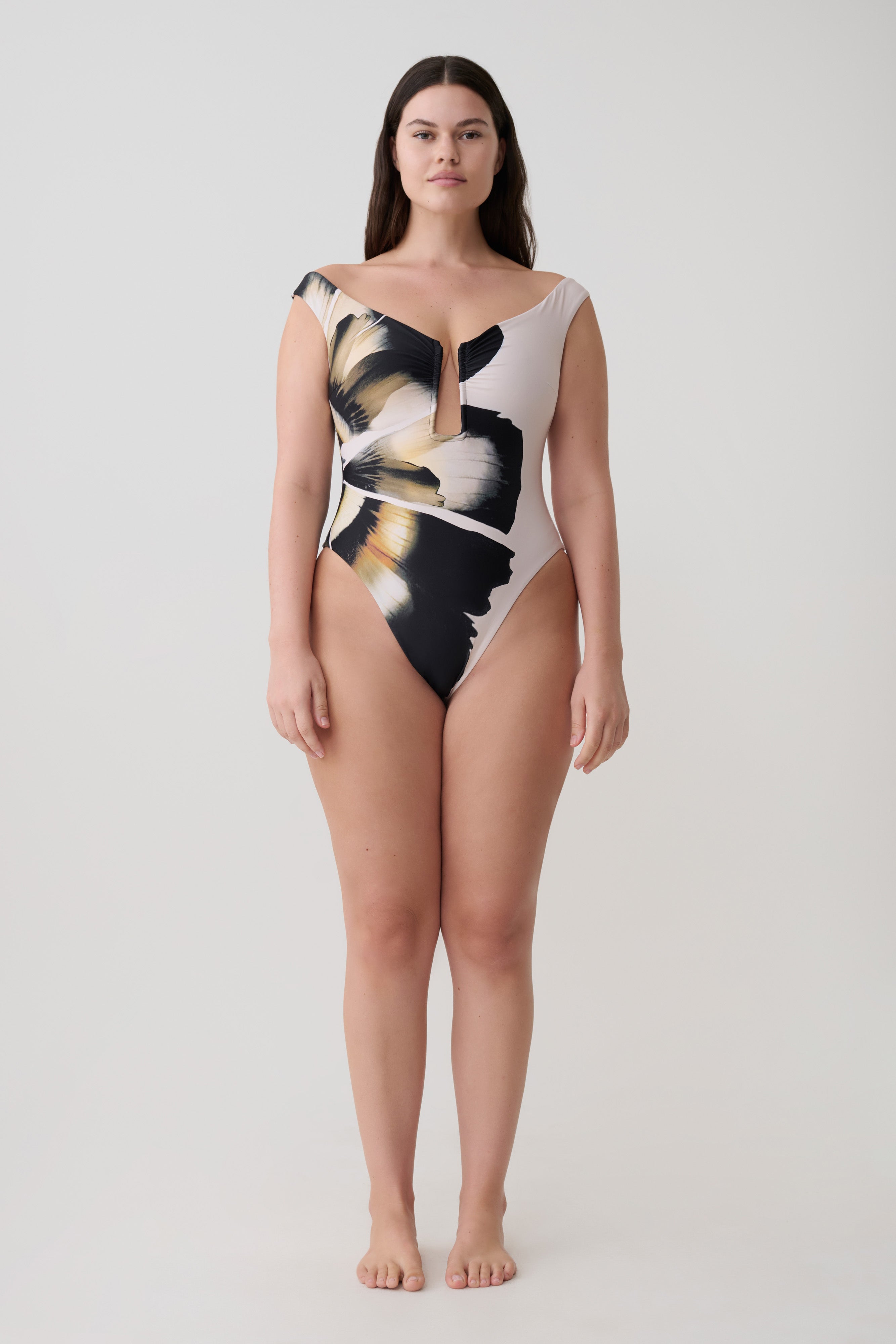 Yumi U-Wire Plunge One Piece Swimsuit - Ivory Base Floral Print