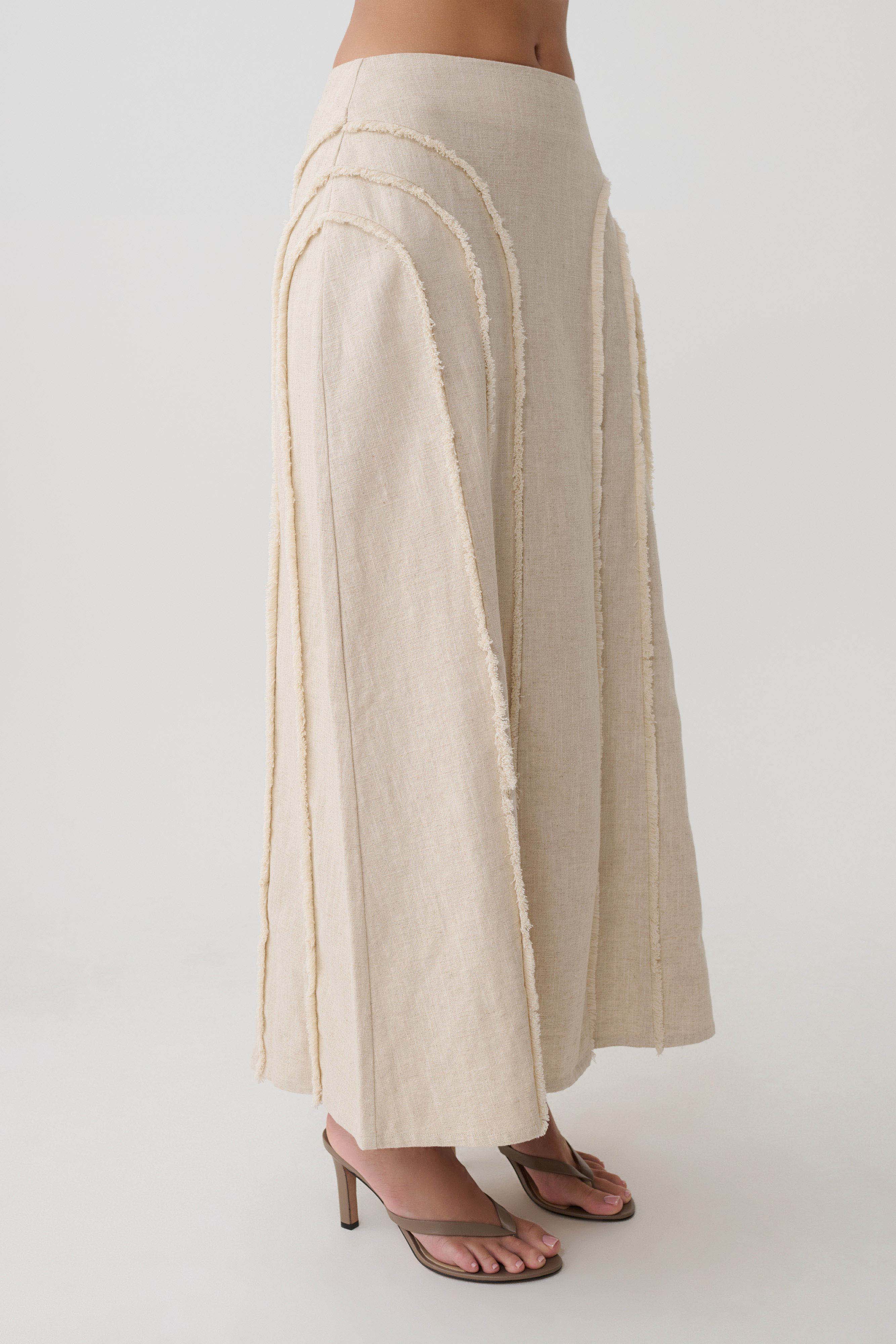 Annie Linen Frayed Midi Skirt - Natural