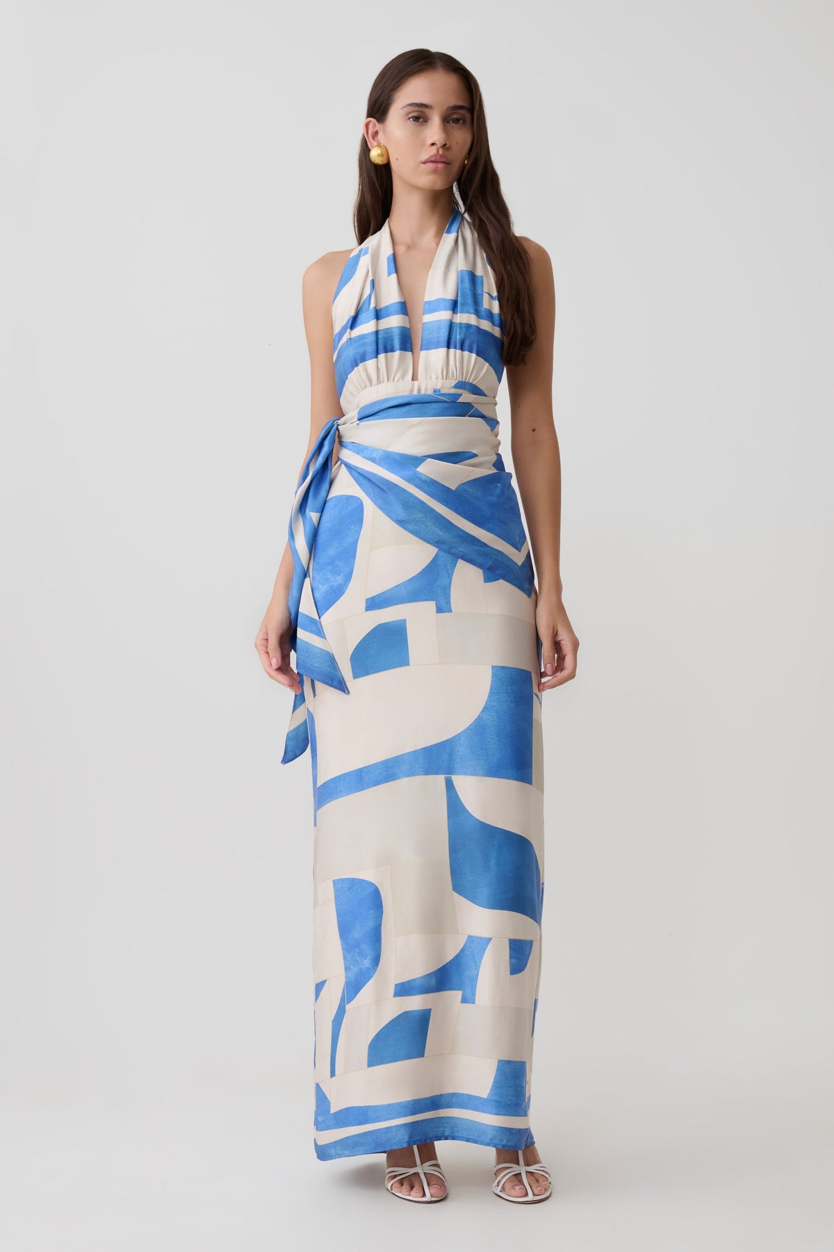 Gianna Satin Halter Maxi Dress - Blue Geo Tile Print