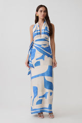 Gianna Satin Halter Maxi Dress - Blue Geo Tile Print