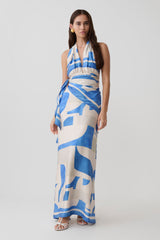 Gianna Satin Halter Maxi Dress - Blue Geo Tile Print