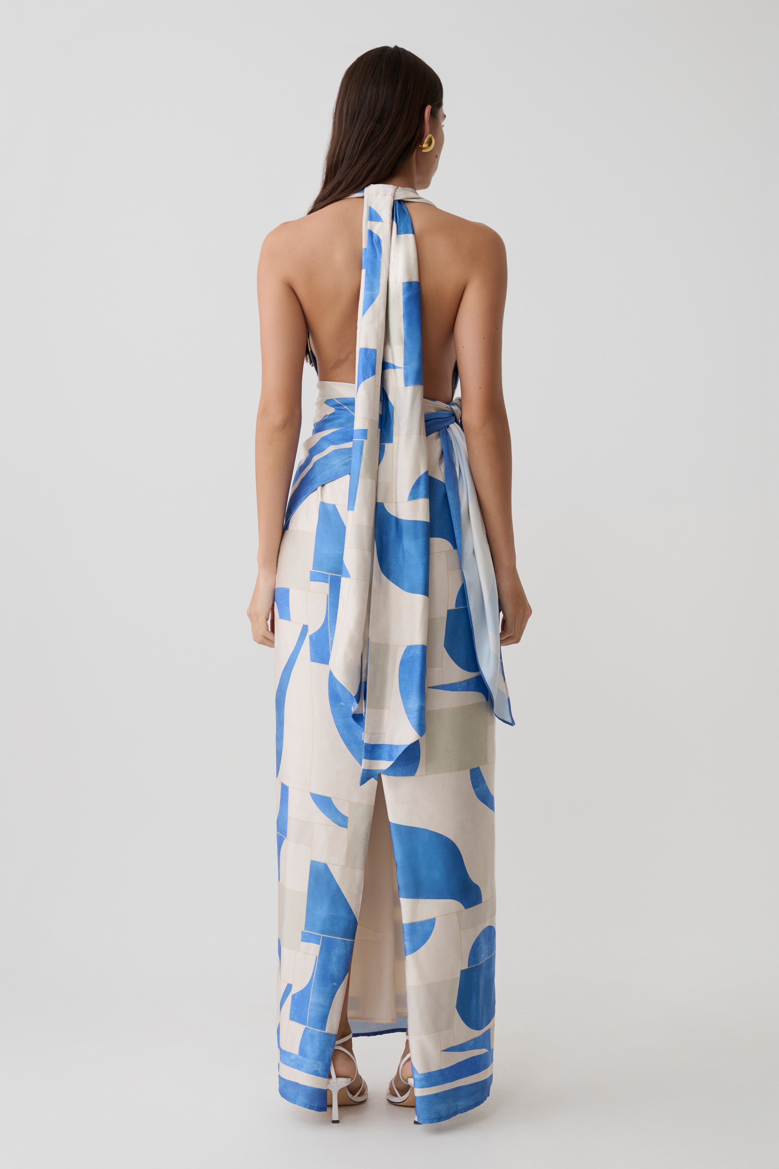 Gianna Satin Halter Maxi Dress - Blue Geo Tile Print