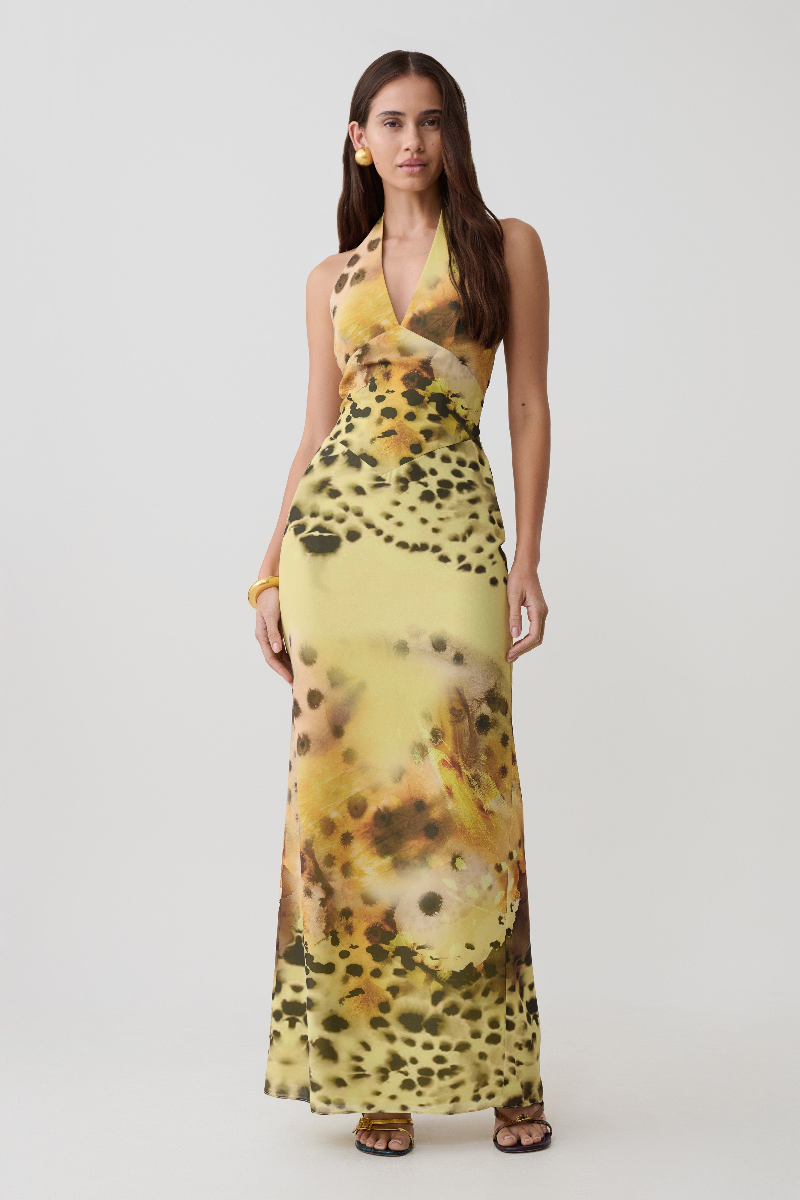 Valentina Chiffon Halter Maxi Dress - Yellow Floral Leopard Print