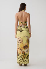 Valentina Chiffon Halter Maxi Dress - Yellow Floral Leopard Print