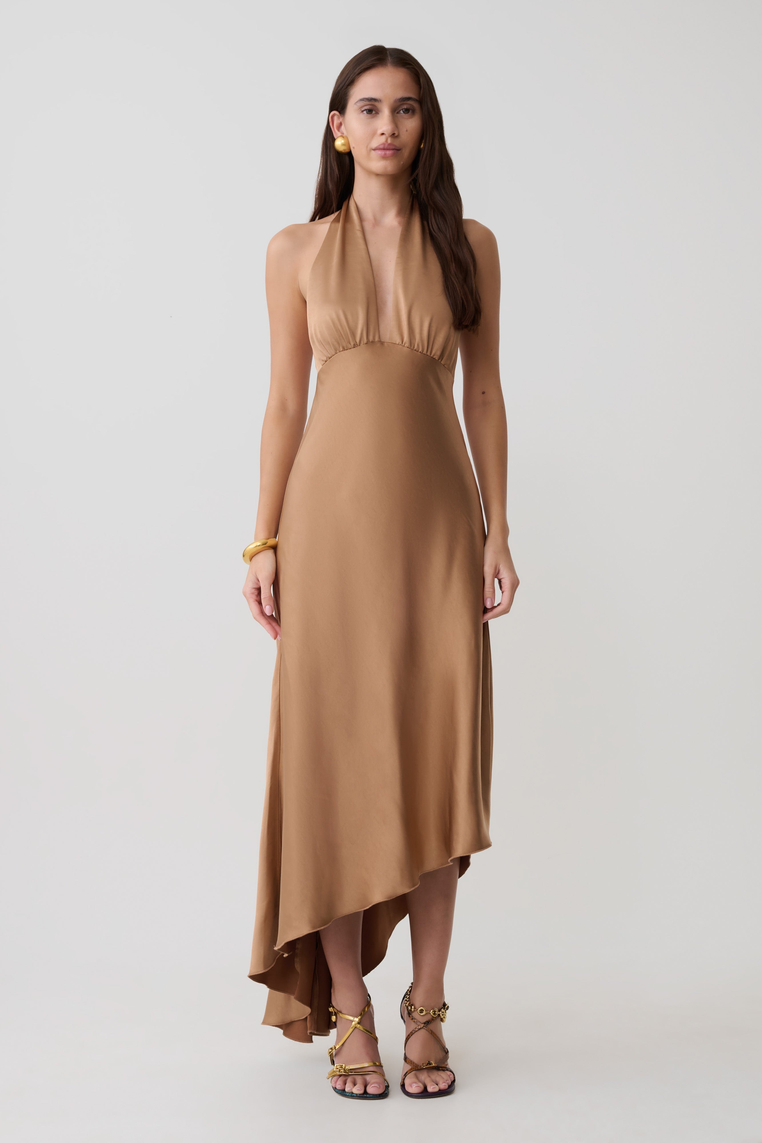 Adelie Asymmetric Hem Halter Midi Dress - Cognac